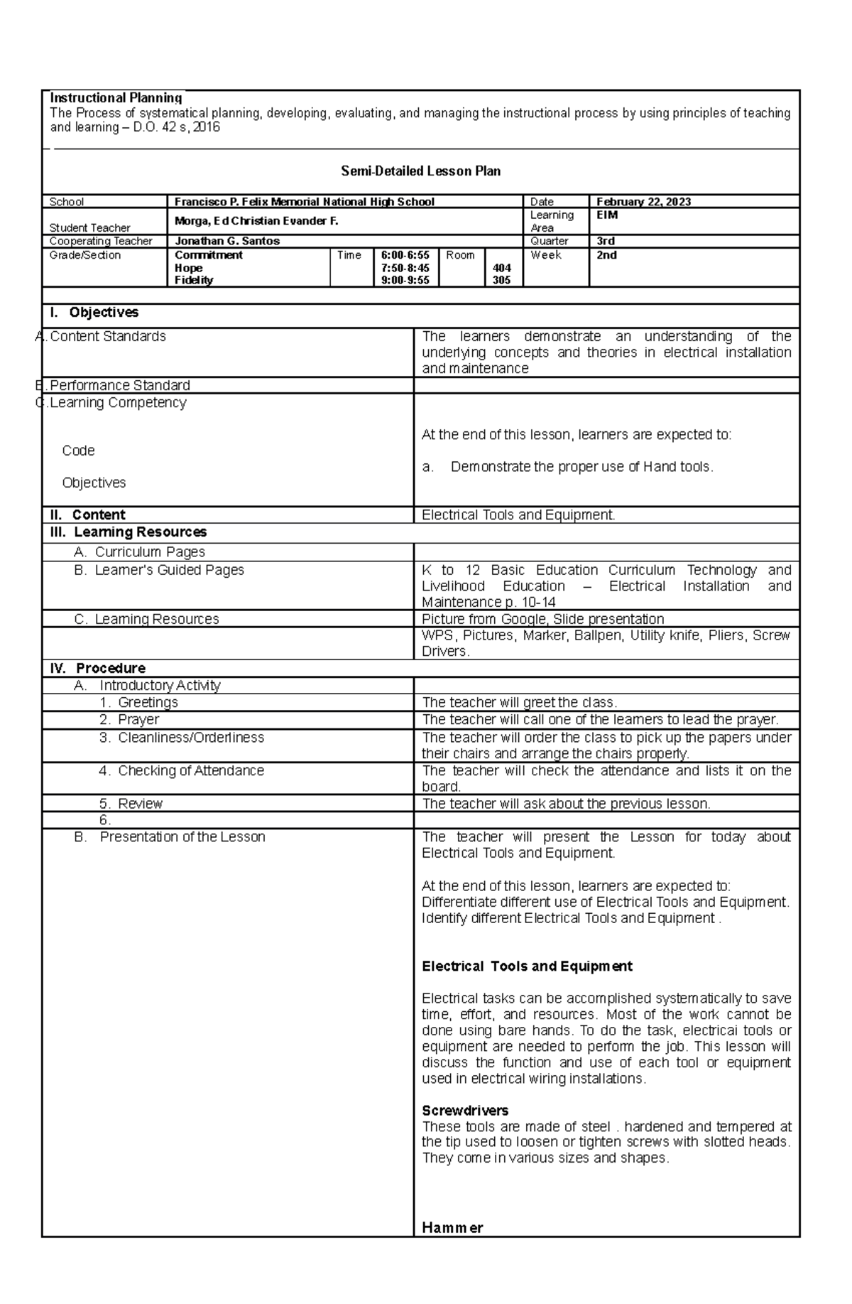 2Electrical Tools and Equipment - Instructional Planning The Process of ...