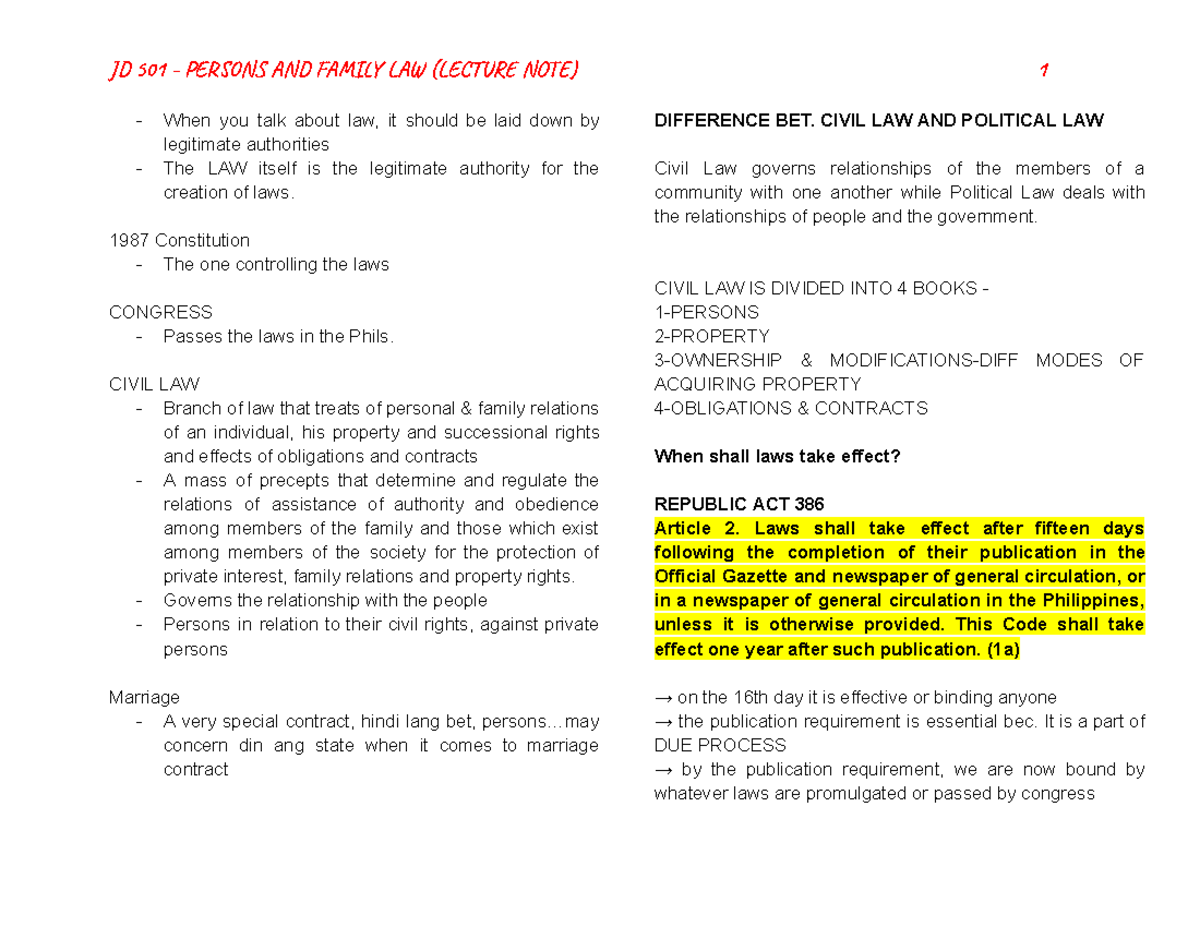 Copy of JD 501 - Persons AND Family LAW ( Lecture NOTE) 1 - J 501 - PEN ...