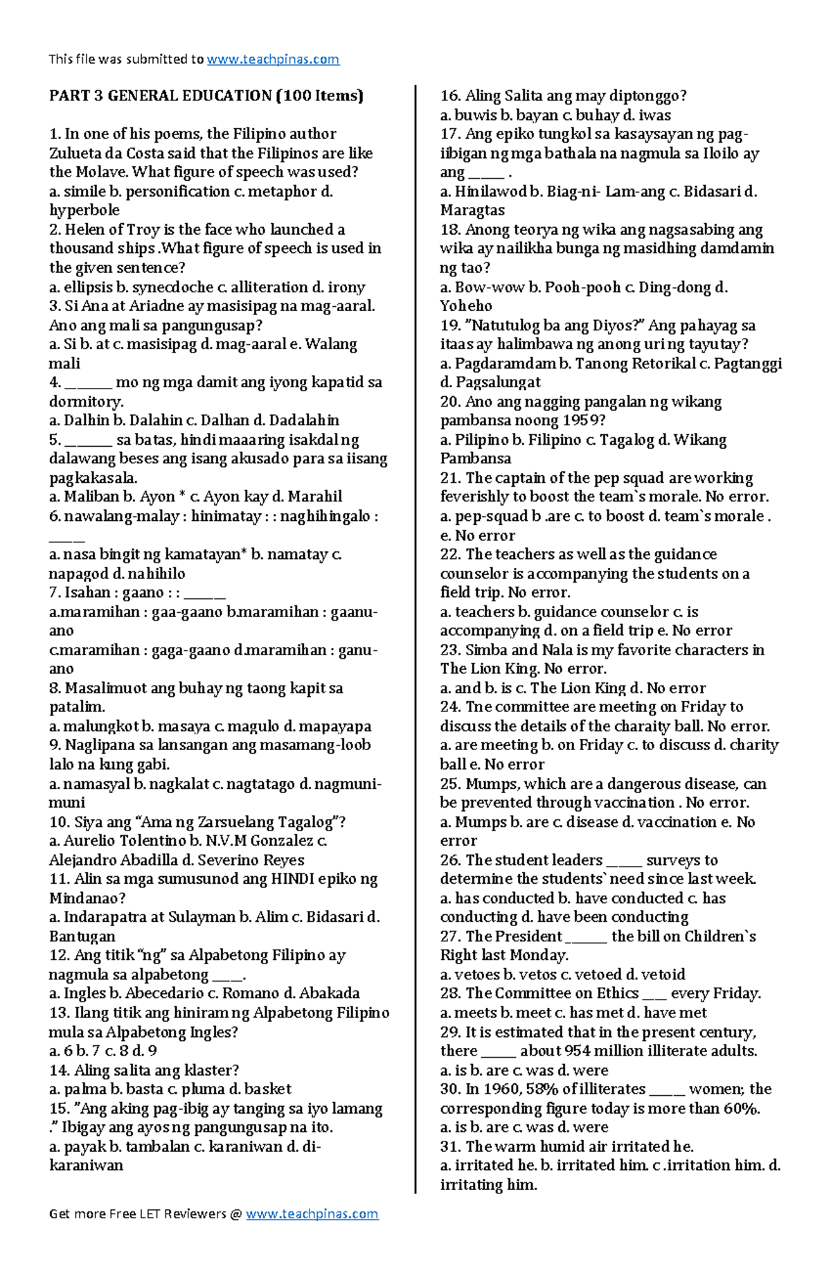 Part 3 General Education teachpinas - PART 3 GENERAL EDUCATION (100 ...