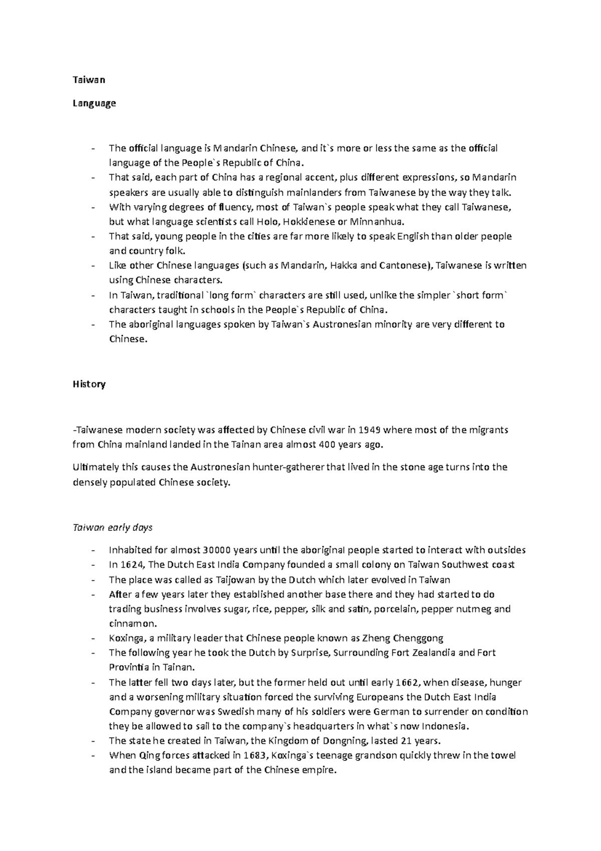 Taiwan - practice - Taiwan Language The official language is Mandarin ...