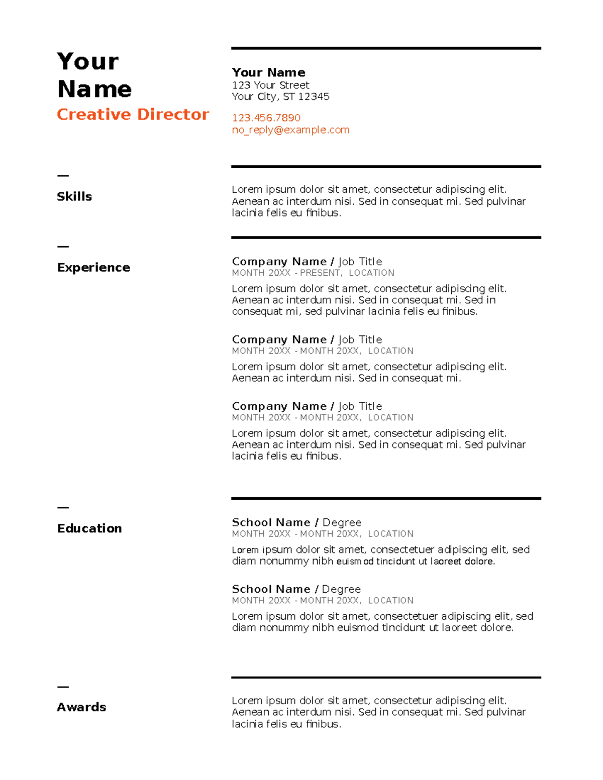 Resume Template - Your Name Creative Director Your Name 123 Your Street ...