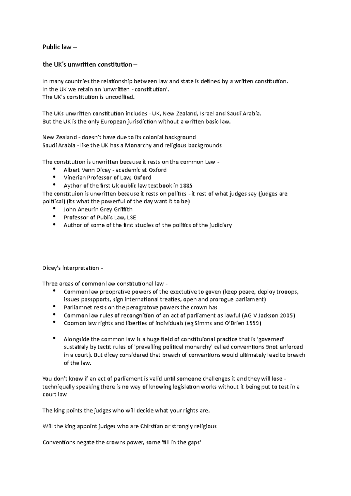 Public law notes - Public law – the UK’s unwritten constitution – In ...