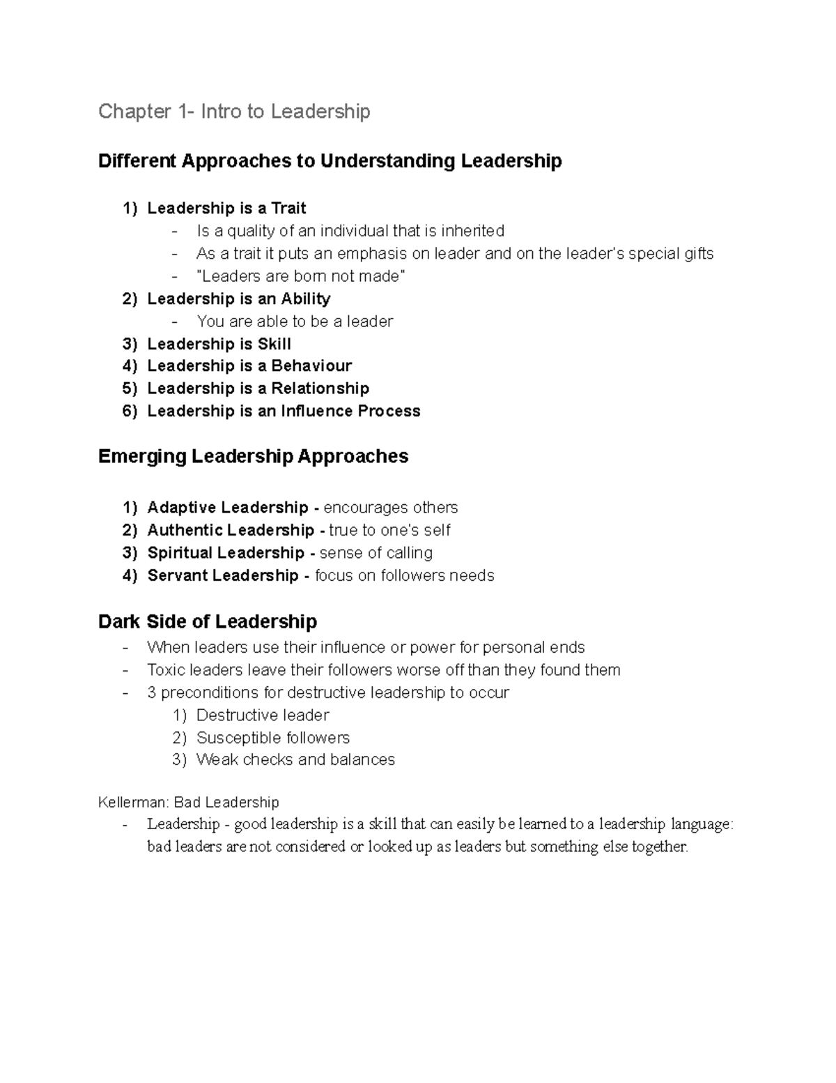 OL Midterm - Chapter 1- Intro to Leadership Different Approaches to ...