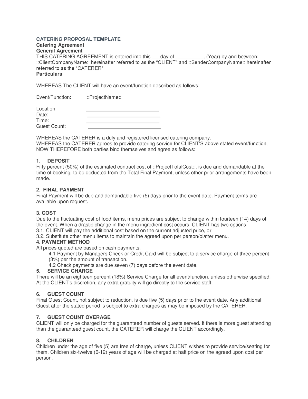 Catering Proposal - CATERING PROPOSAL TEMPLATE Catering Agreement ...