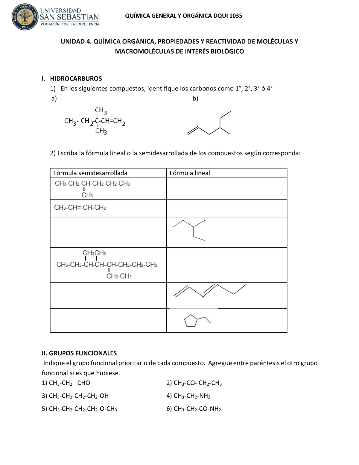 Ejercicios Unidad 4 DQUI 1035 Compuestos Organicos - QUÍMICA GENERAL Y ...