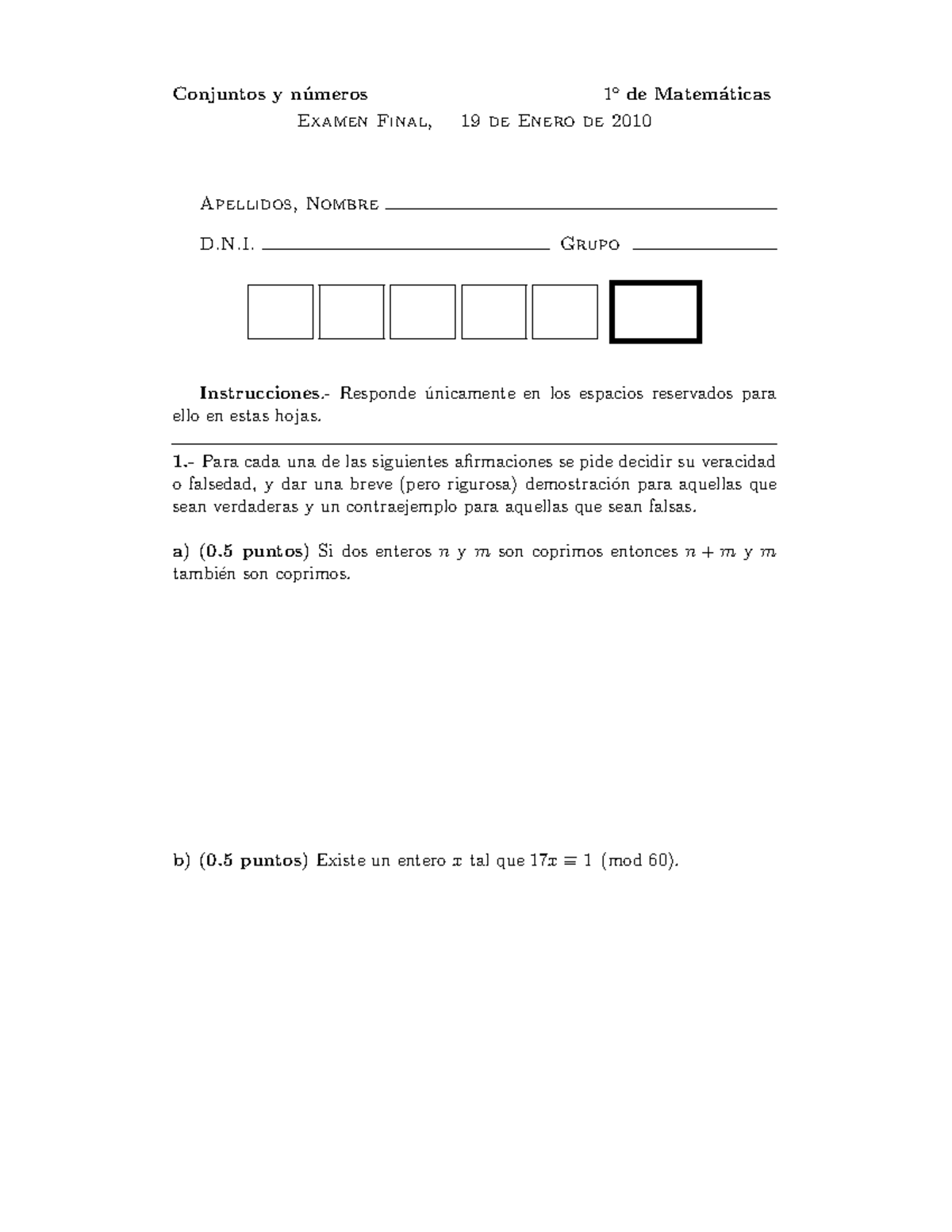 Examen 2010 Preguntas Conjuntos Y N Umeros Examen Final 1o De 