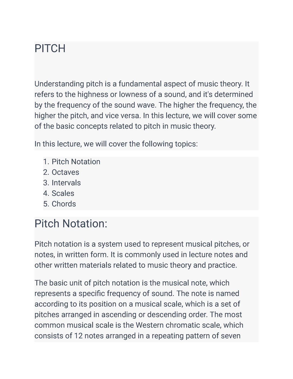 Notation in music theory - PITCH Understanding pitch is a fundamental ...