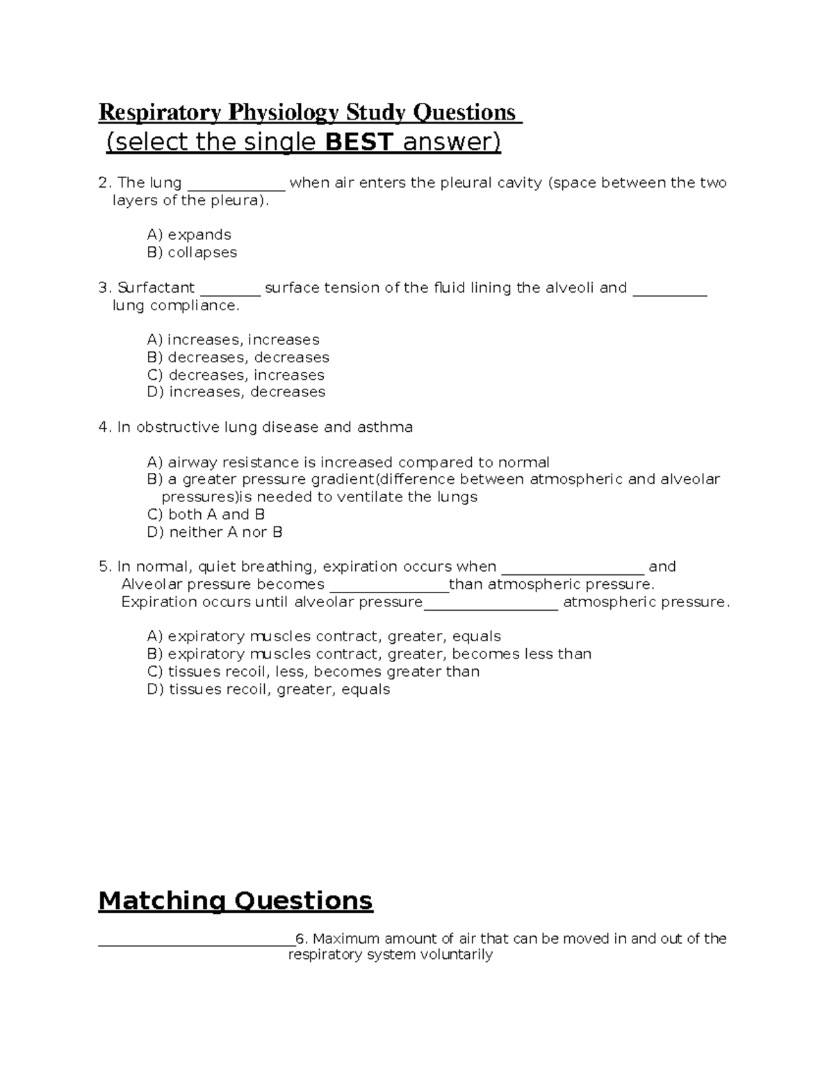 Exam 4 respiratory- physiology - Respiratory Physiology Study Questions ...
