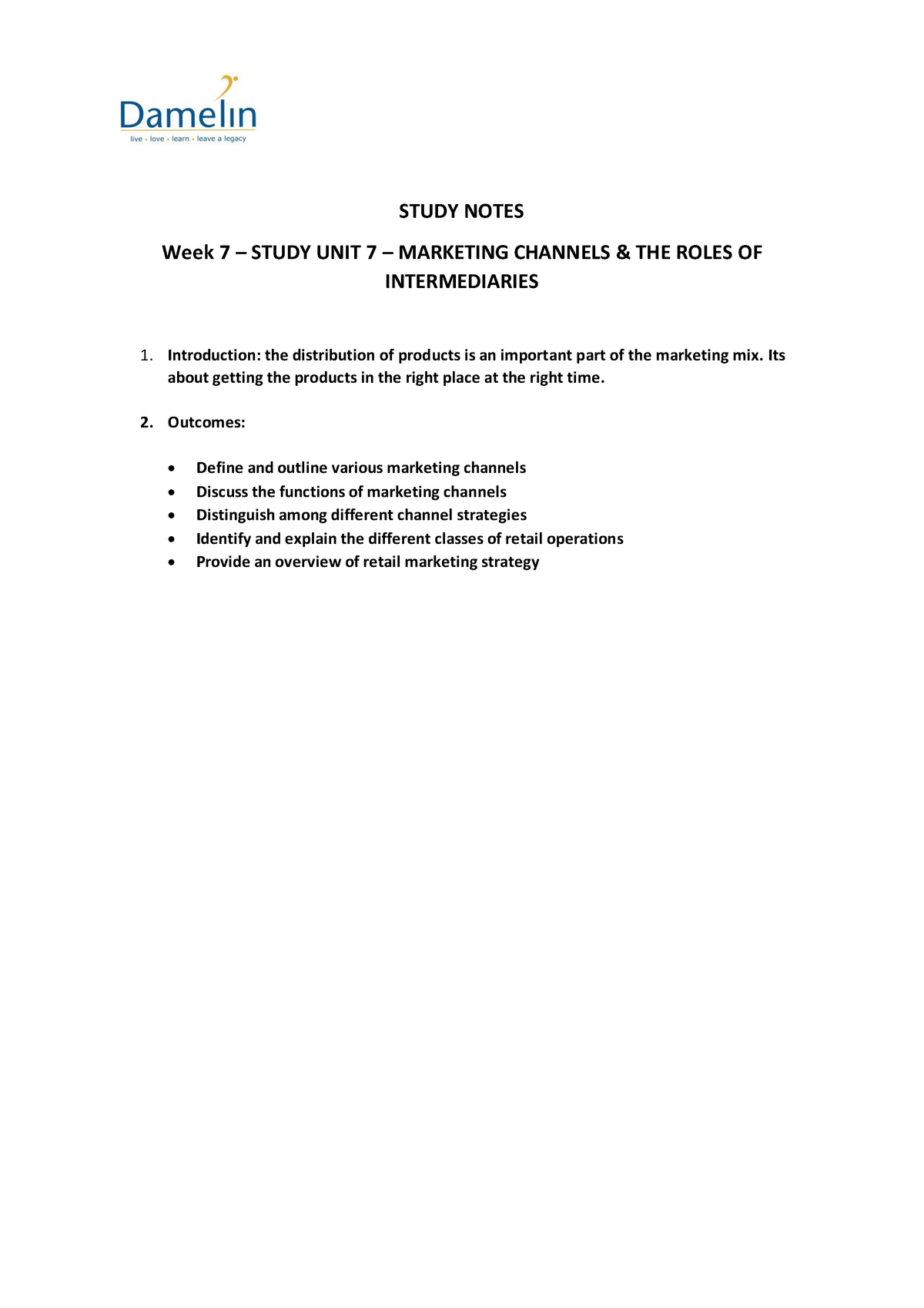 Week 7 - Study Unit 7 - STUDY NOTES Week 7 – STUDY UNIT 7 – MARKETING ...