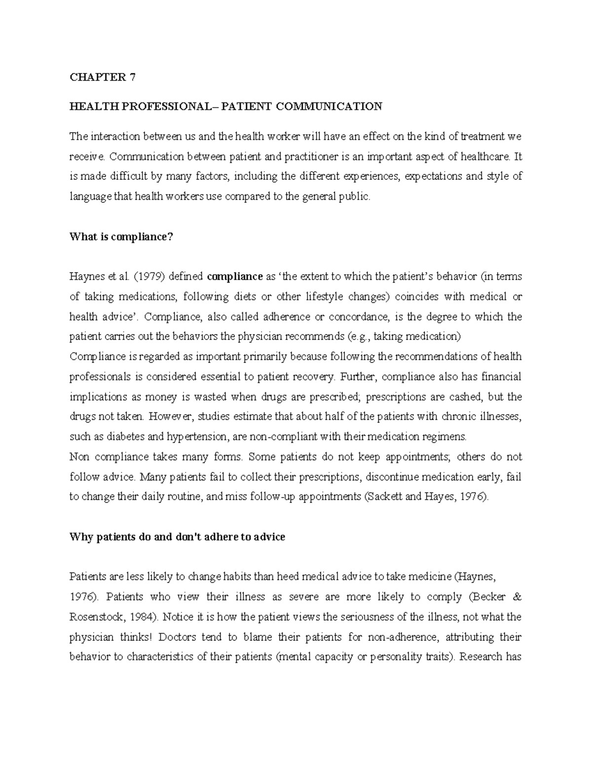 Chap 7 Health Psych - CHAPTER 7 HEALTH PROFESSIONAL– PATIENT ...