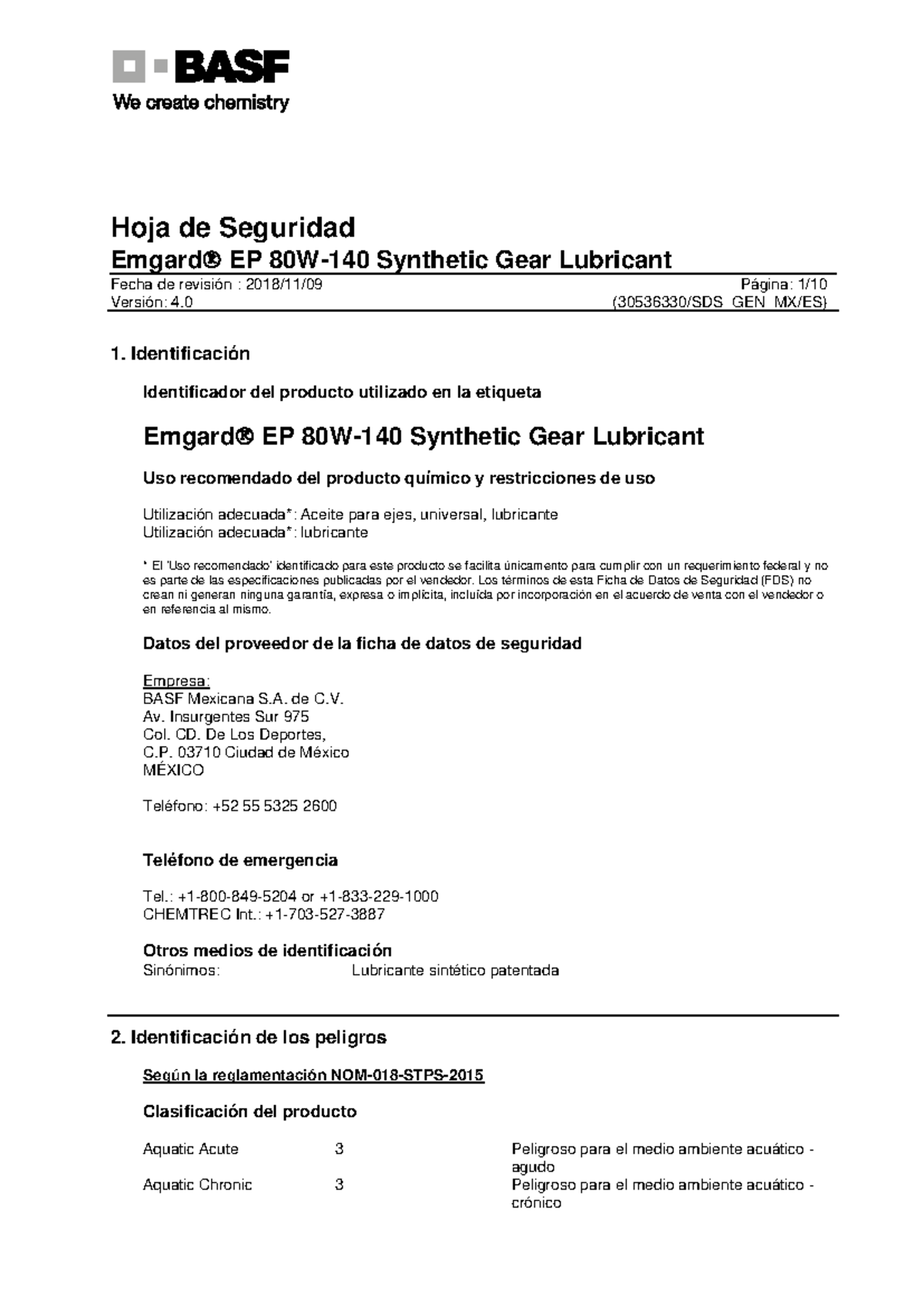 50223984 - Emgard 2831 EP 80W 140 BASF - Emgard EP 80W-140 Synthetic ...