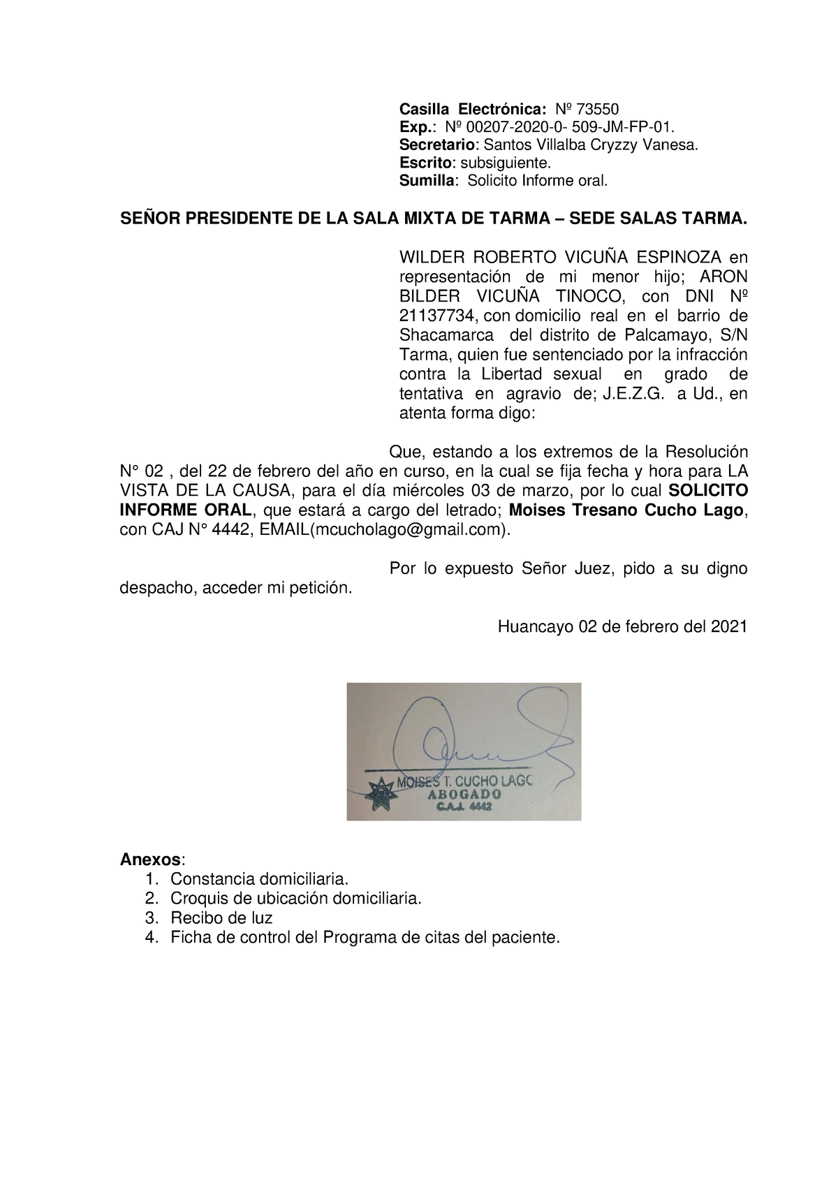 Escrito De Solicitud De Informe Oral Casilla Electrónica Nº 73550 Exp Nº 00207 2020 0 0861