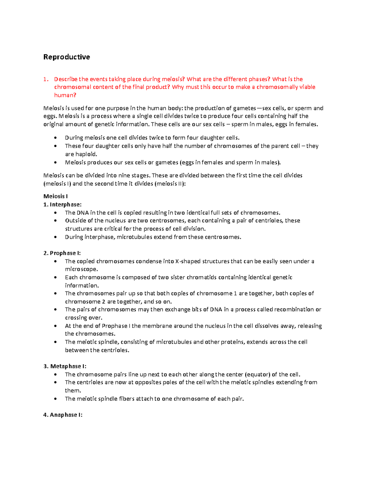 Reproductive-Meiosis - Reproductive 1. Describe the events taking place ...