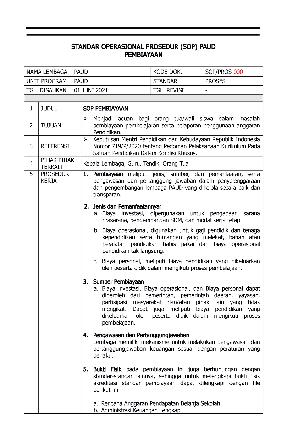 Sop Pembiayaan Sop Plmaboyan 12 Standar Operasional Prosedur Sop Paud Pembiayaan Nama 9766