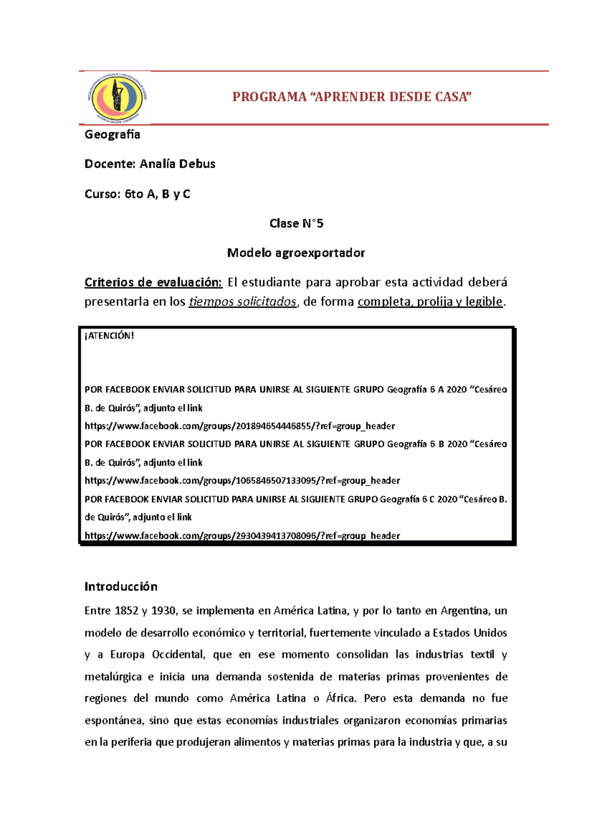 Geografía 6TO AÑO A, B Y C - PROG. Aprender 5TA Clase - PROGRAMA “APRENDER  DESDE CASA” Geografía - Studocu