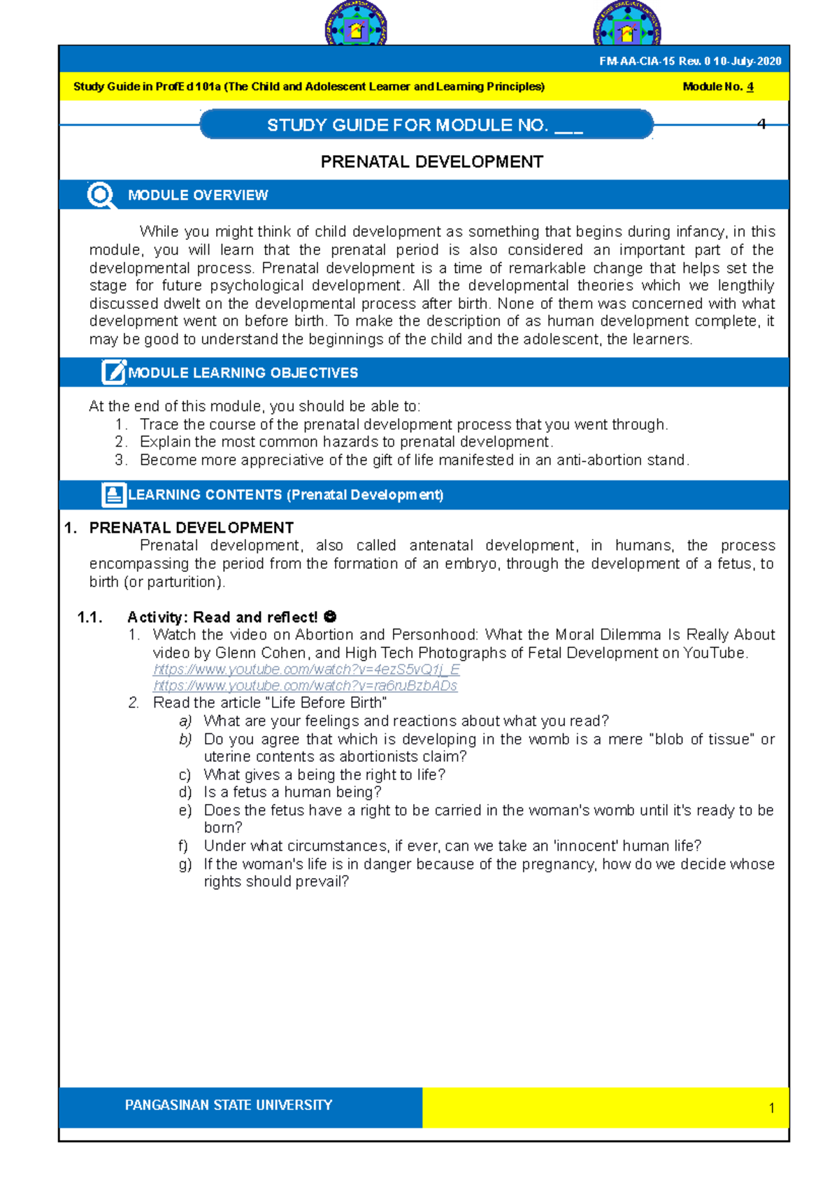 Study Guide - Profed 101a - Module 4 - 4 PRENATAL DEVELOPMENT MODULE ...