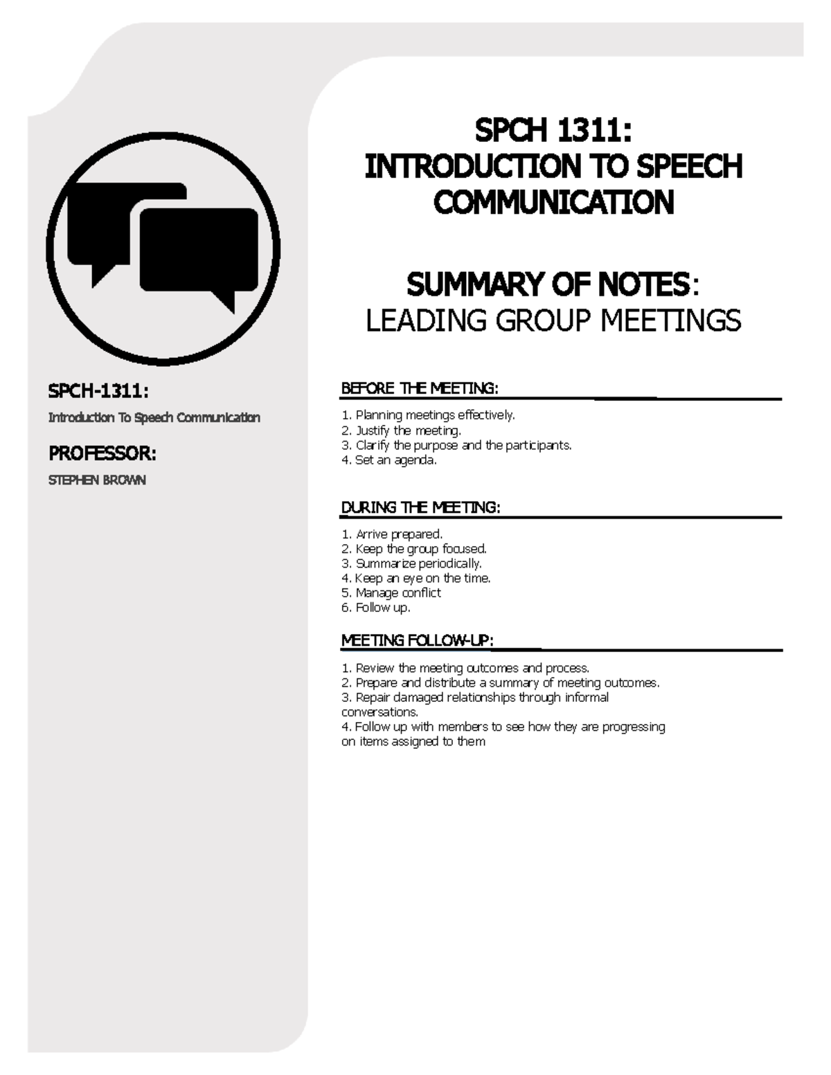 Summary Of Notes-1: LEADING GROUP MEETINGS - SPCH-1311 - TCCD - Studocu