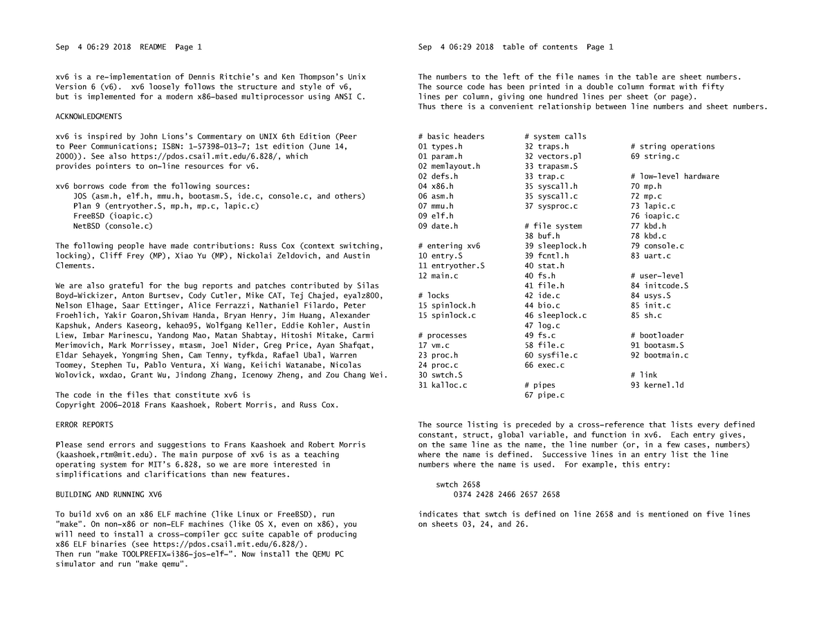 Xv6-rev11 - Sep 4 06:29 2018 README Page 1 xv6 is a re−implementation ...