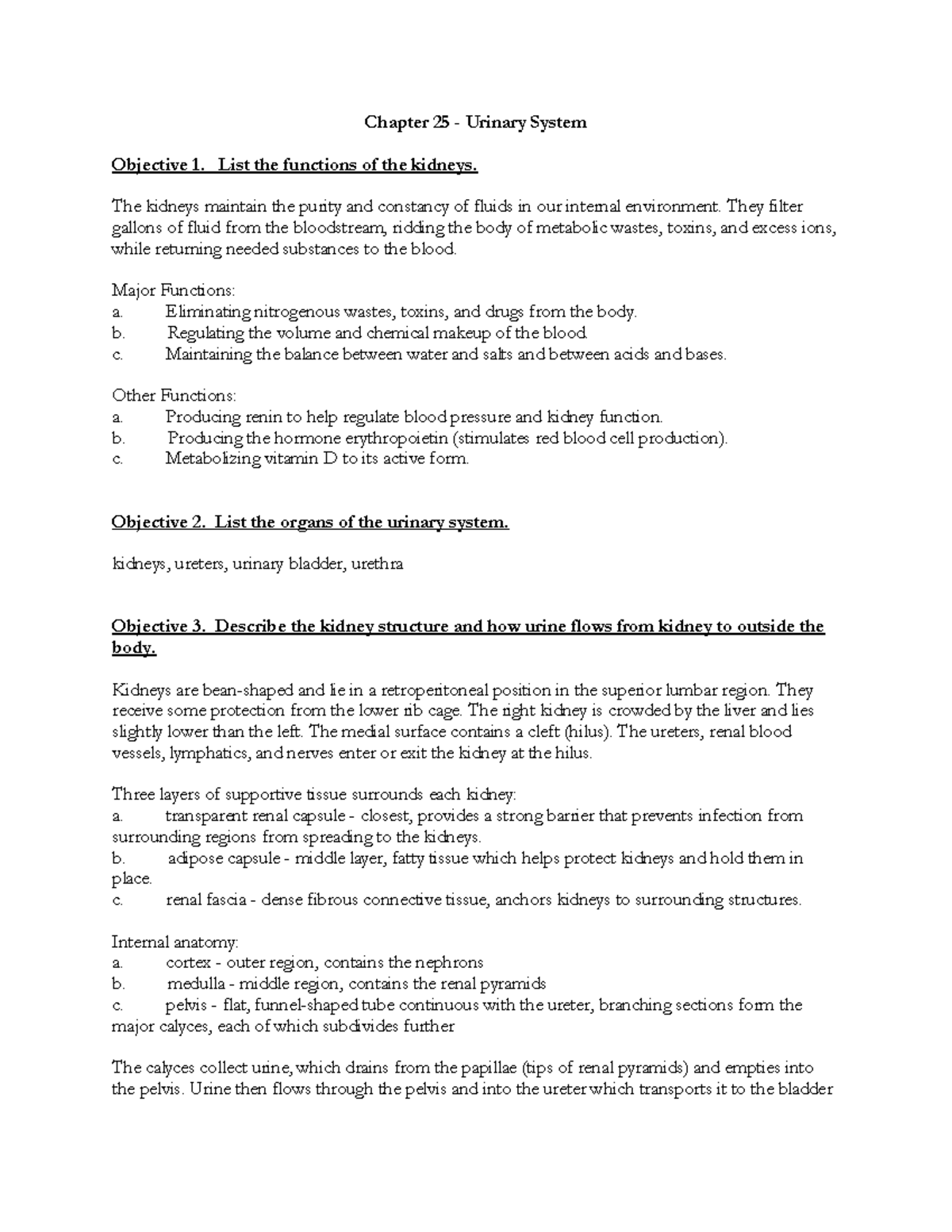 Chapter 25 Notes - Chapter 25 - Urinary System Objective 1. List The ...