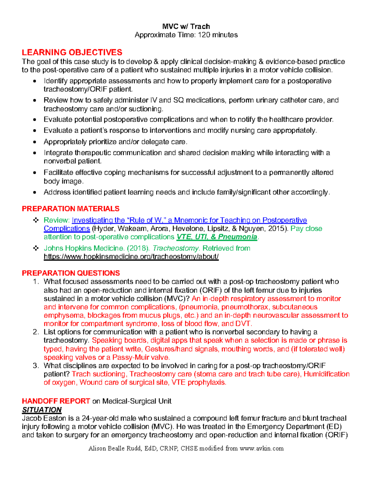 MVCTrach Student Copy MVC w/ Trach Approximate Time 120 minutes