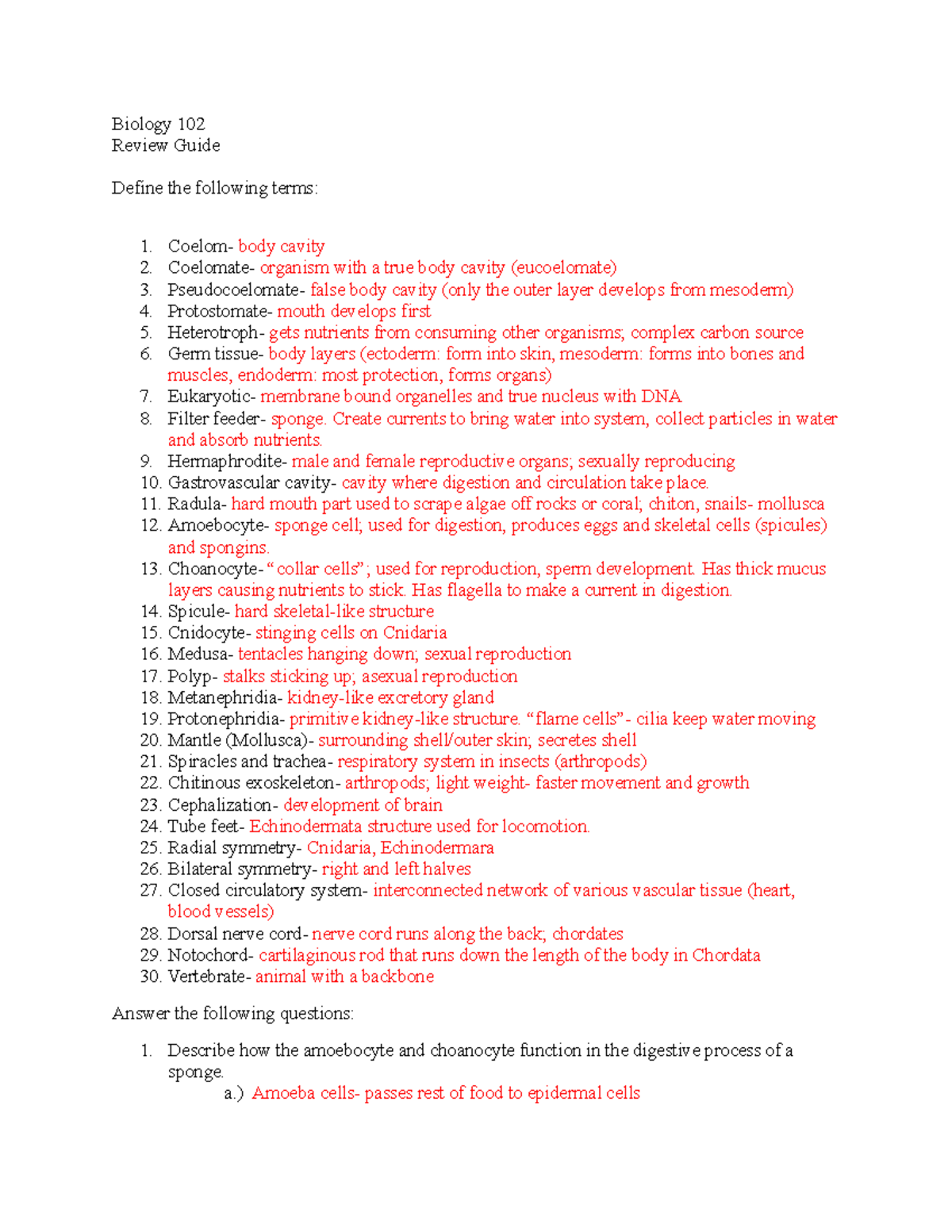 BIO 102 Unit 3 Review Guide (with Answers) - Biology 102 Review Guide ...