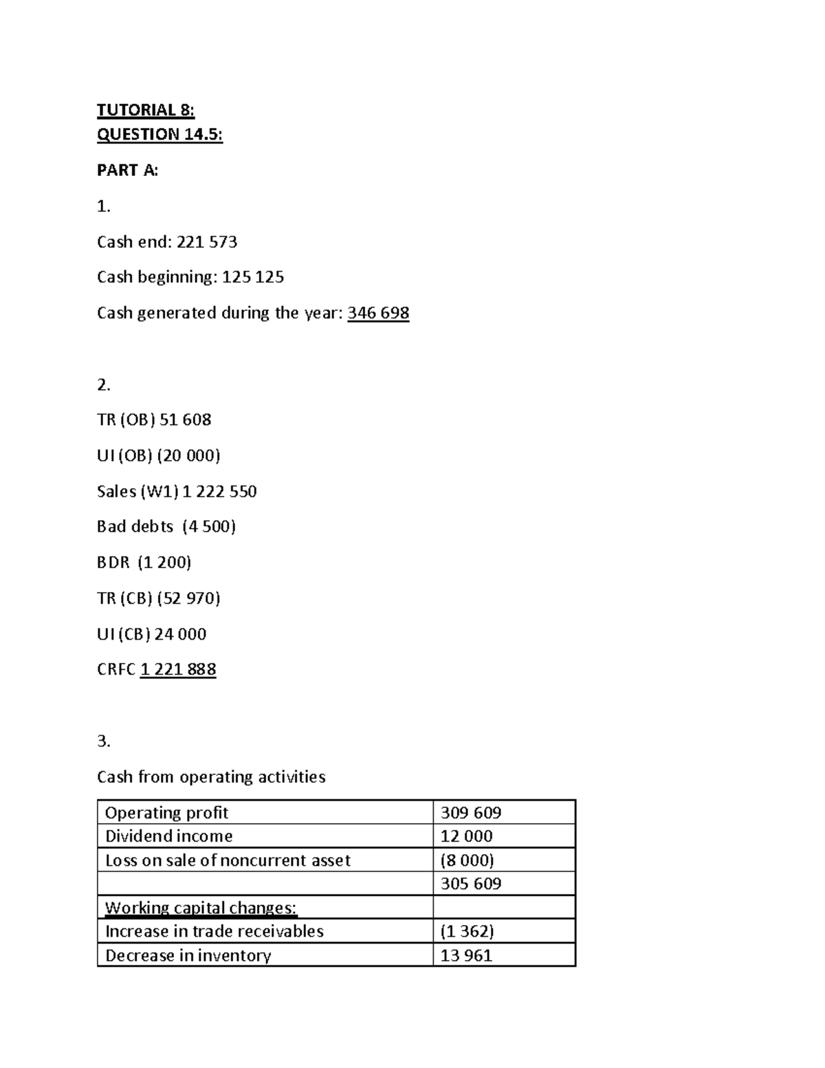 Tutorial 8 - tut 8 - TUTORIAL 8: QUESTION 14: PART A: 1. Cash end: 221 ...