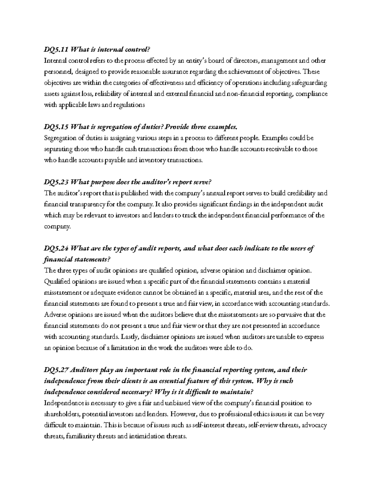 Comm1140 week 4 hw - Week 4 Tute Qs - DQ5 What is internal control ...