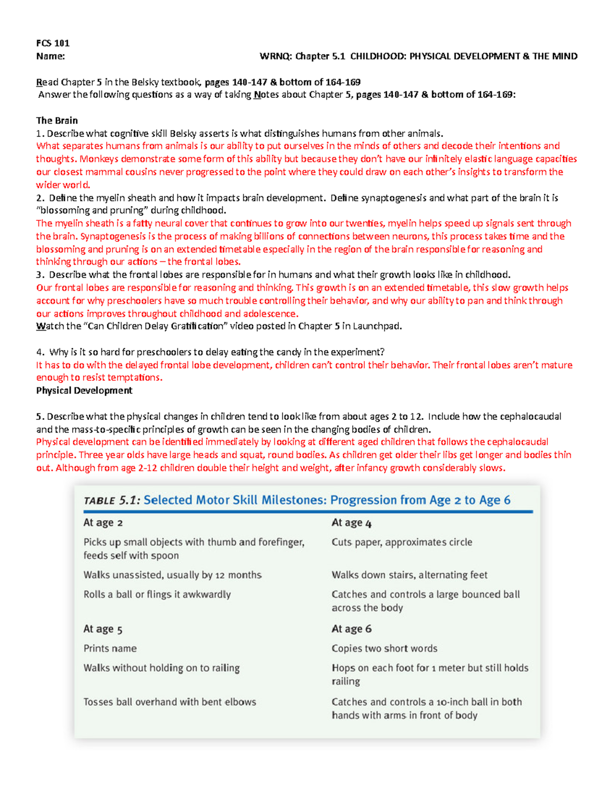 Ch5 - Notes - FCS 101 Name: WRNQ: Chapter 5 CHILDHOOD: PHYSICAL ...