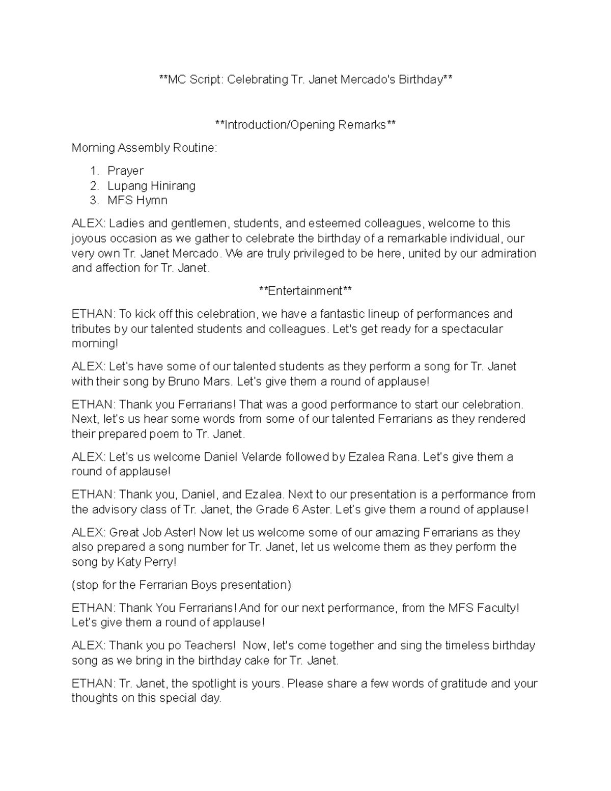 MC Script - jkdhgfdshgf - MC Script: Celebrating Tr. Janet Mercado's ...