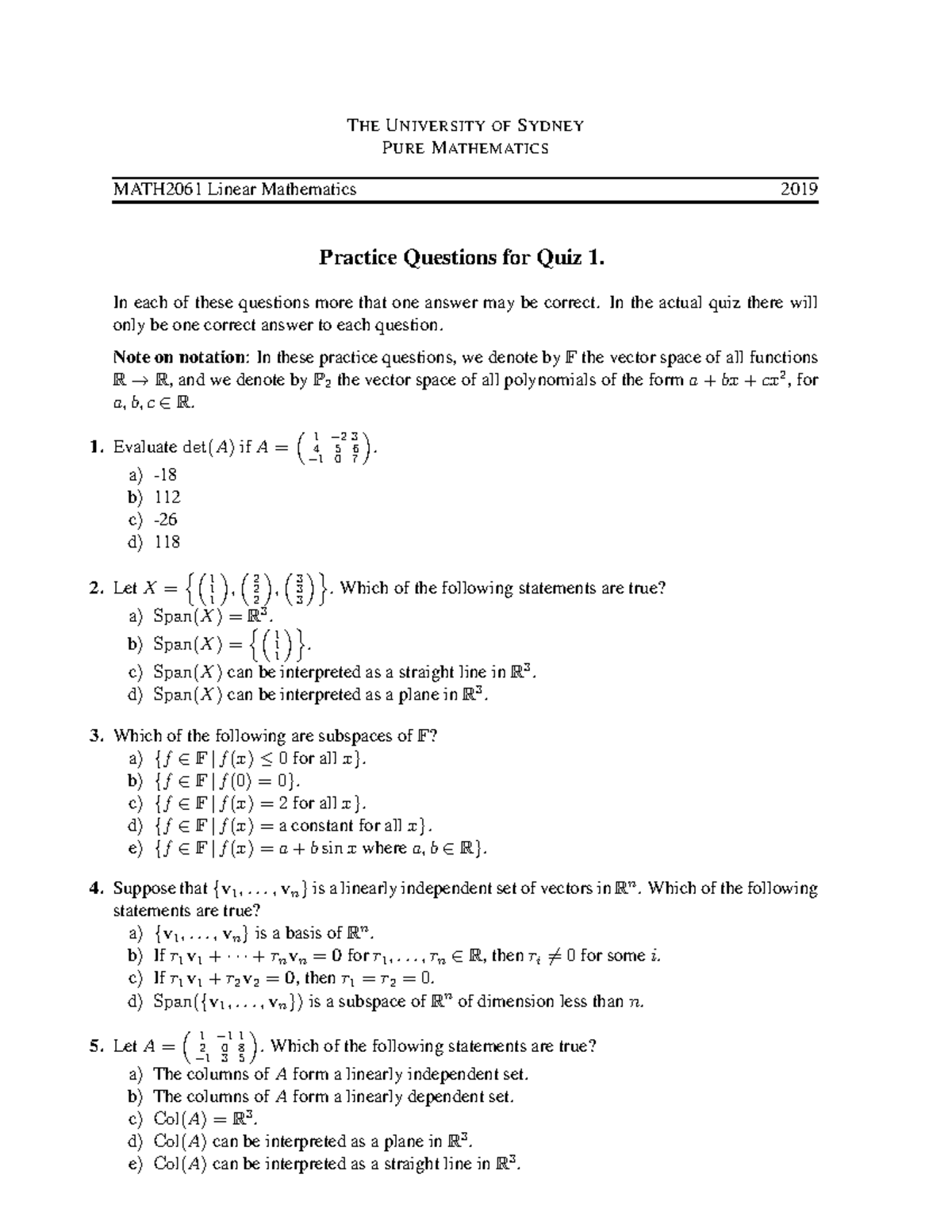 Quiz March 2019, questions and answers - T HE U NIVERSITY OF S YDNEY P ...