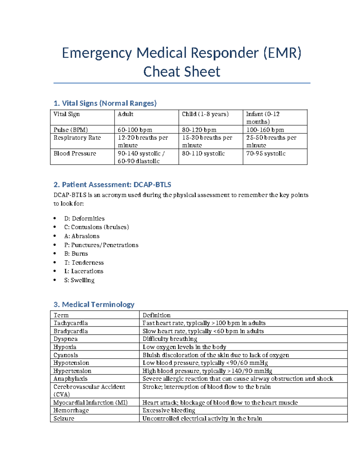 EMR Cheat Sheet - Emergency Medical Responder (EMR) Cheat Sheet 1 ...