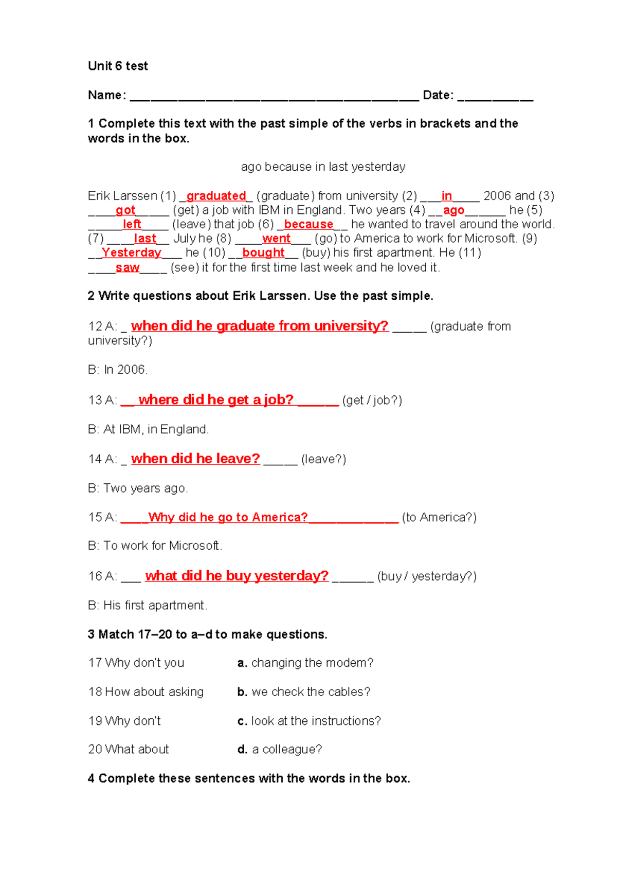 Unit 6 test - Unit 6 test Name ...