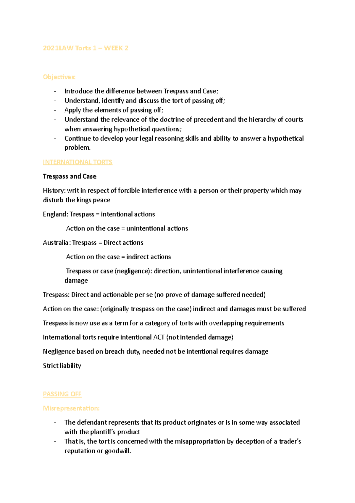 2021LAW Torts 1 Week 2 - 2021LAW Torts 1 – WEEK 2 Objectives: Introduce ...