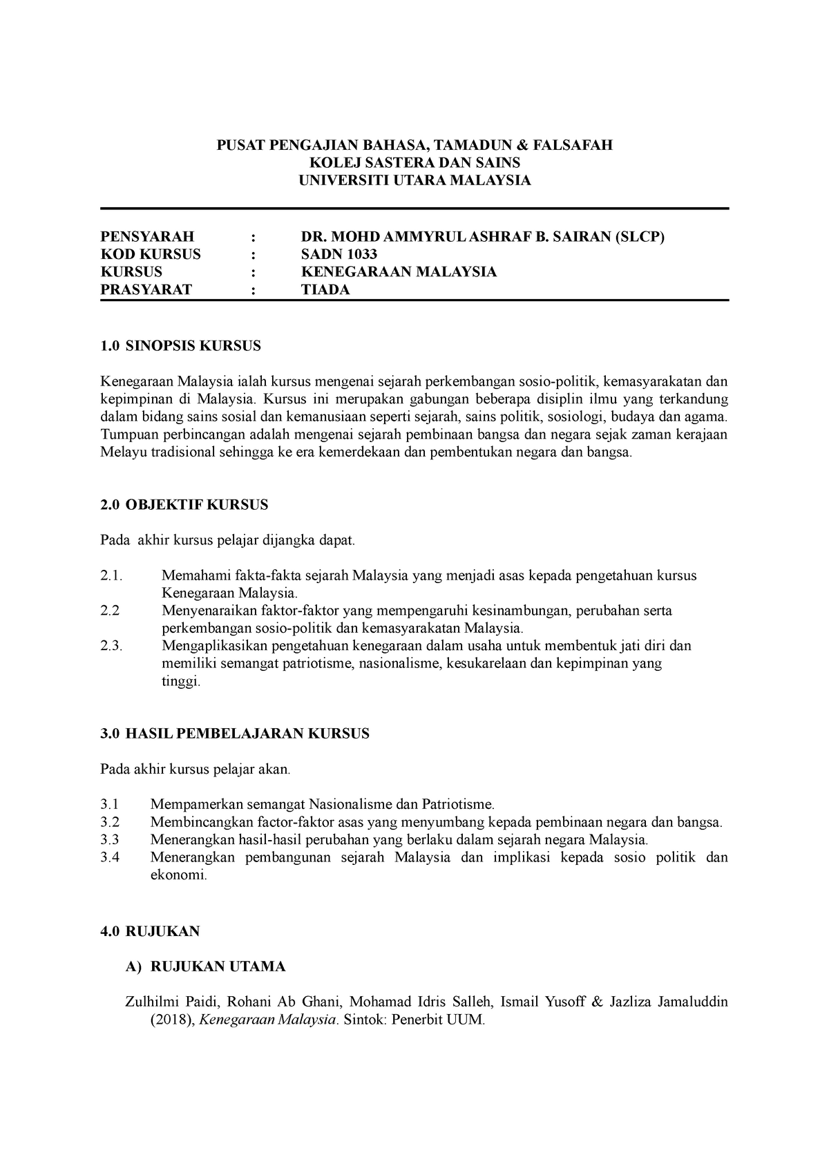 Silibus SADN 1033 - PUSAT PENGAJIAN BAHASA, TAMADUN u0026amp; FALSAFAH 