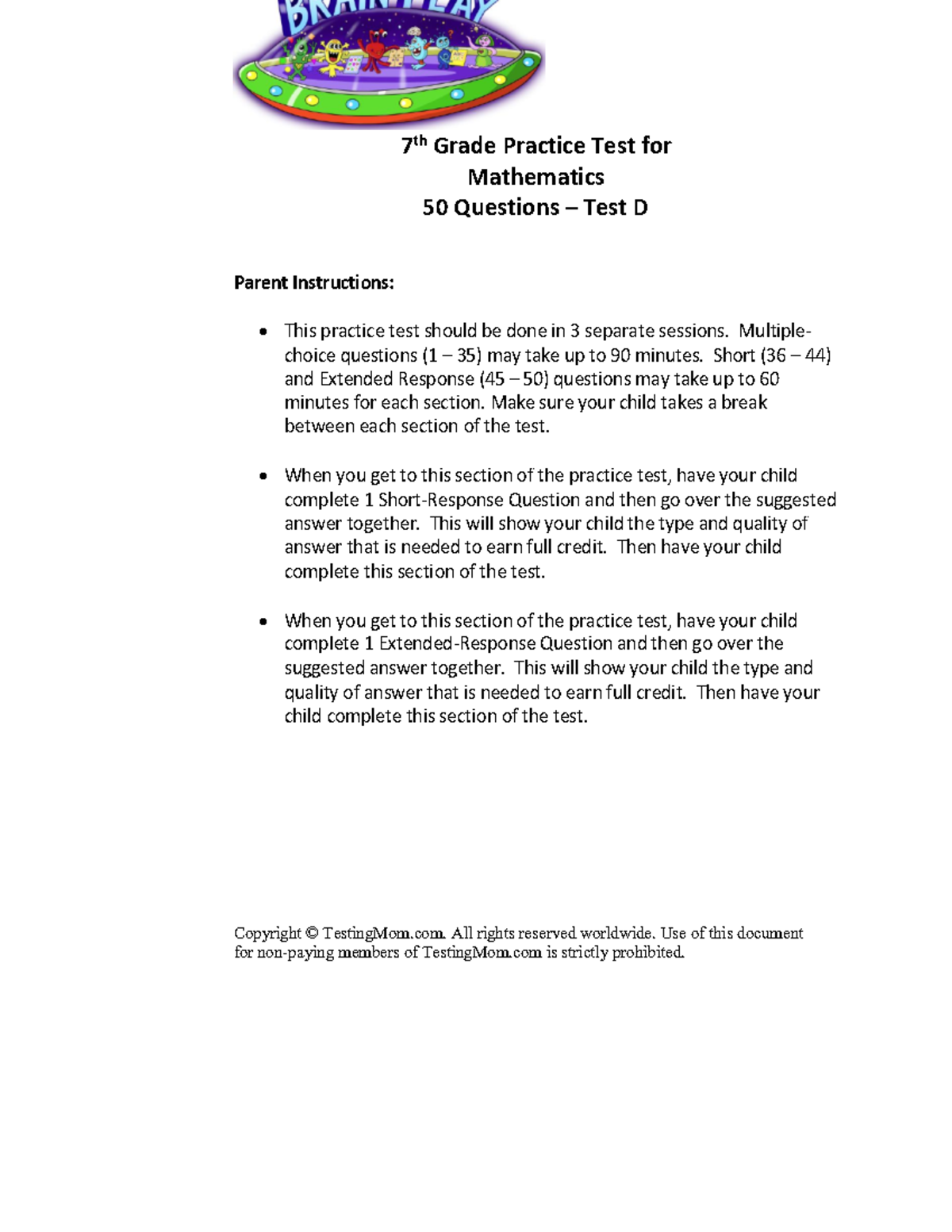 7th Grade - Math - Test D - sdf - Copyright © TestingMom. All rights ...