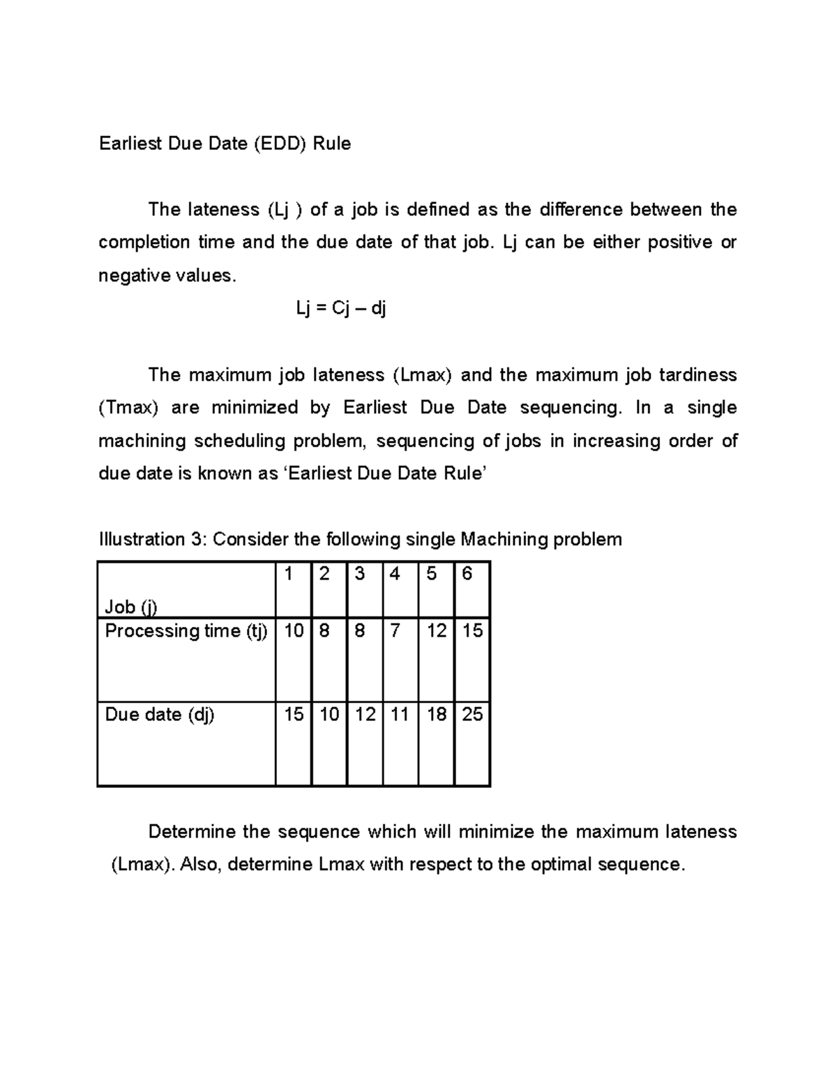 Scpa 2 - notes - Earliest Due Date (EDD) Rule The lateness (Lj ) of a ...