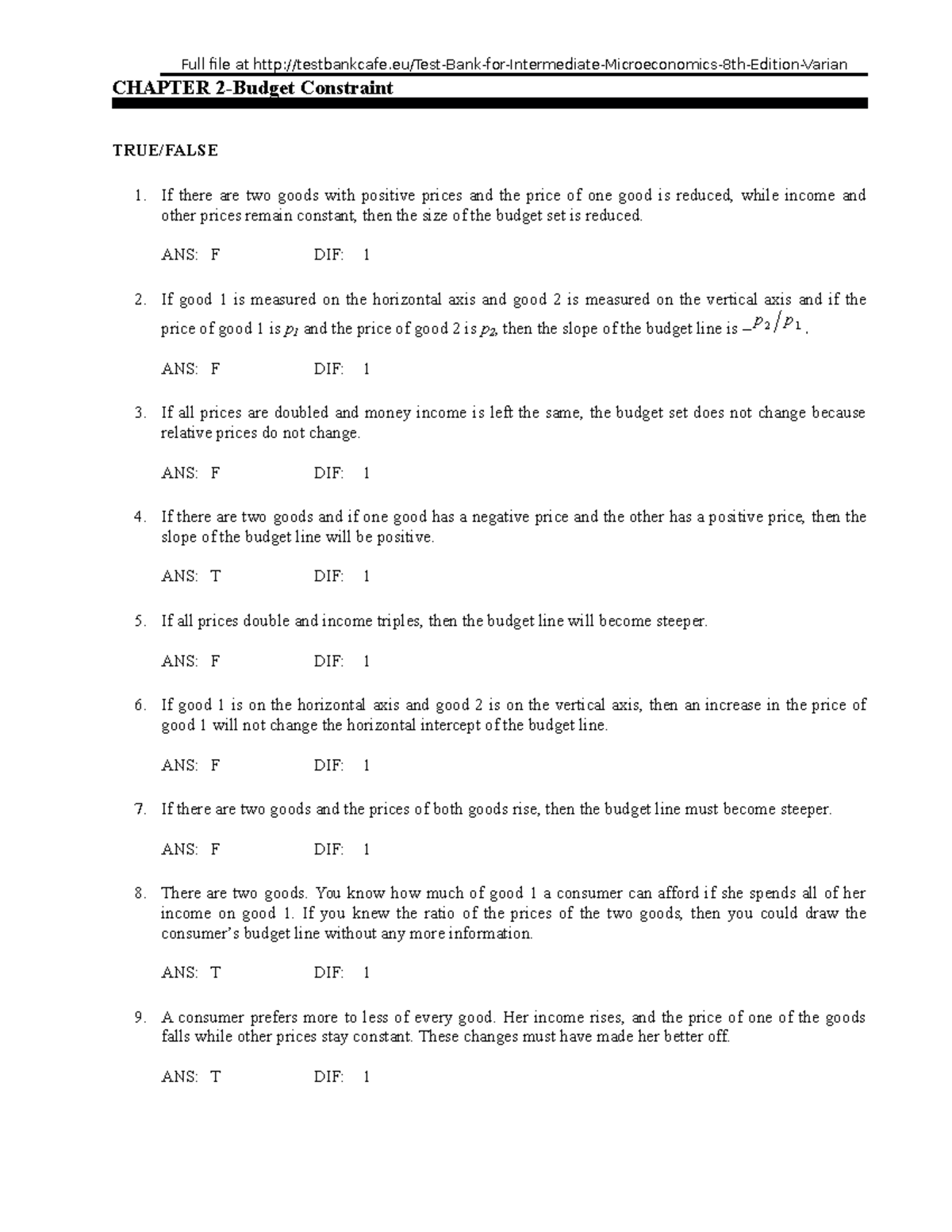 Test bank for intermediate microeconomics 8th edition varian - CHAPTER ...