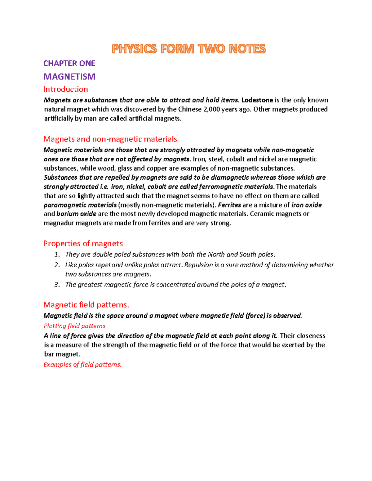 Physics form 2 notes - eeeee - CHAPTER ONE MAGNETISM Introduction ...
