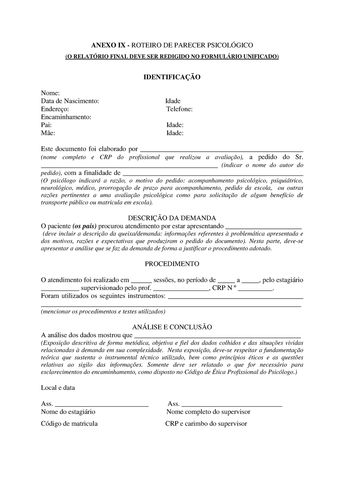 Roteiro De Parecer Psicologico Anexo Ix Roteiro De Parecer PsicolÓgico O RelatÓrio Final 3098