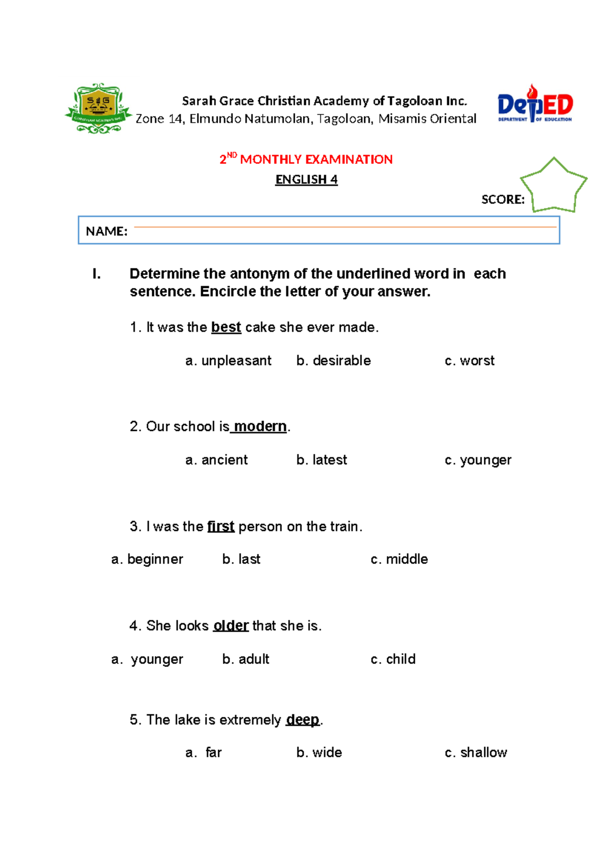 2ND Monthly EXAM - Grade 4 Exam - NAME: Sarah Grace Christian Academy ...