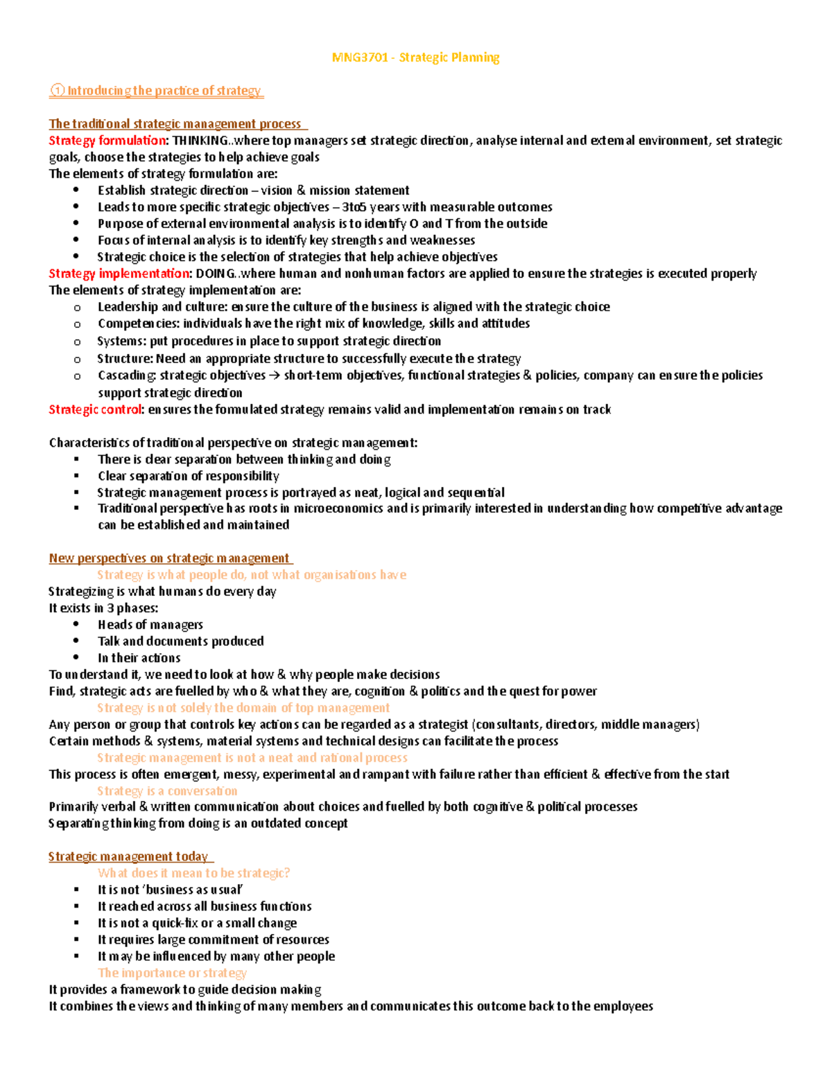 Mng notes 3701 - MNG3701 - Strategic Planning ① Introducing the practce ...
