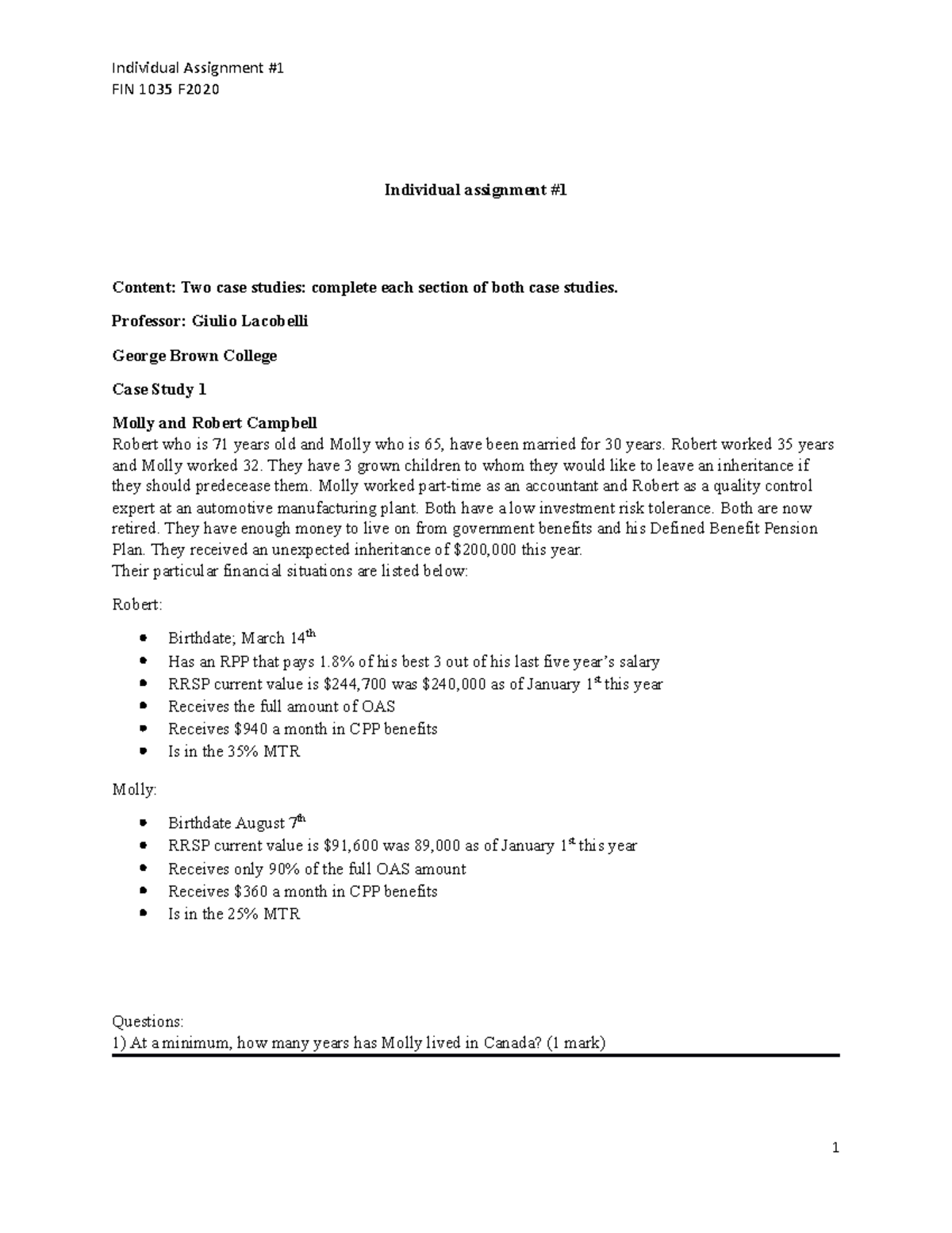 In-Class Individual Assignment 1 - FIN 1035 F Individual assignment ...