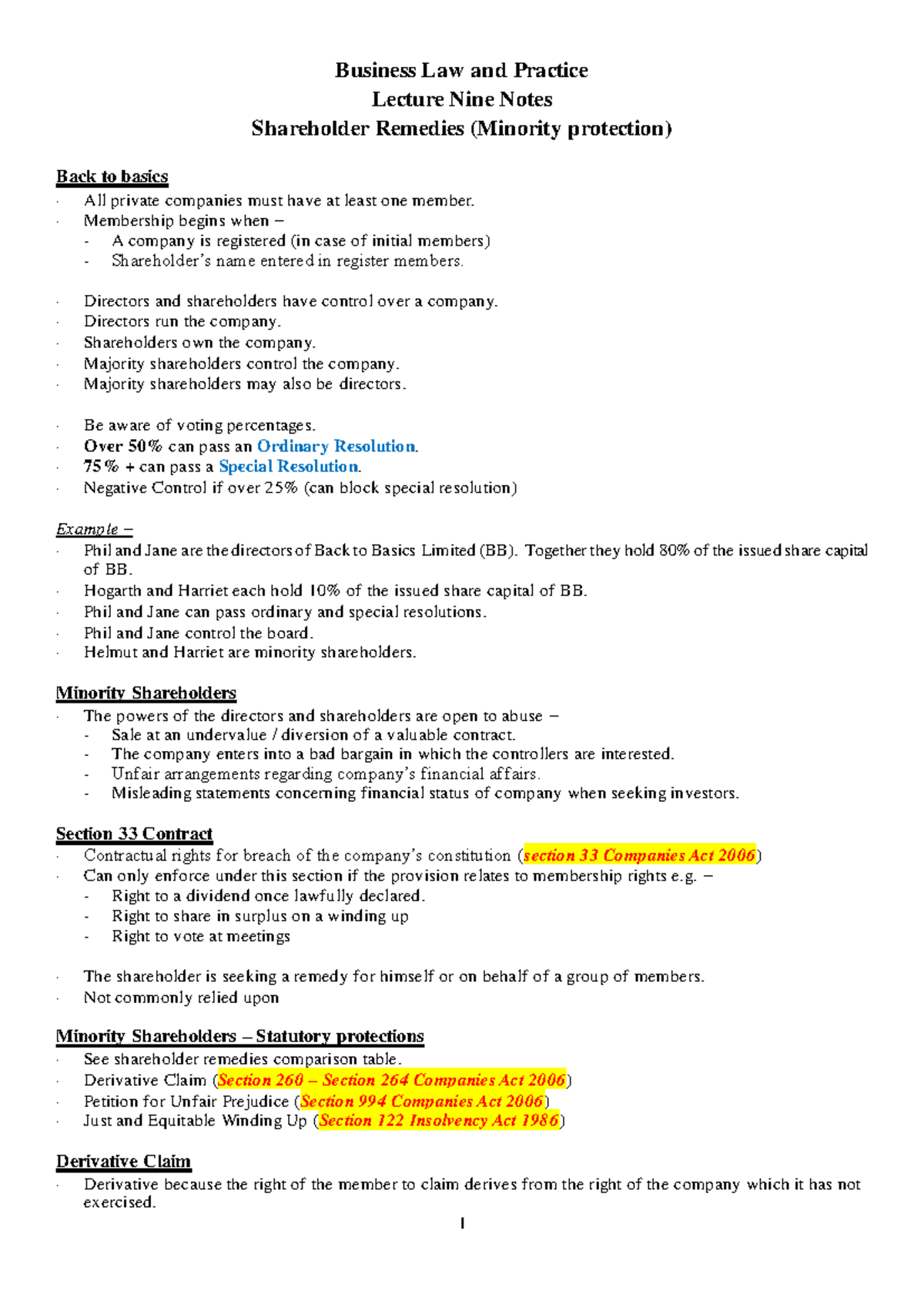 Lecture Nine Notes - Business Law And Practice Lecture Nine Notes ...