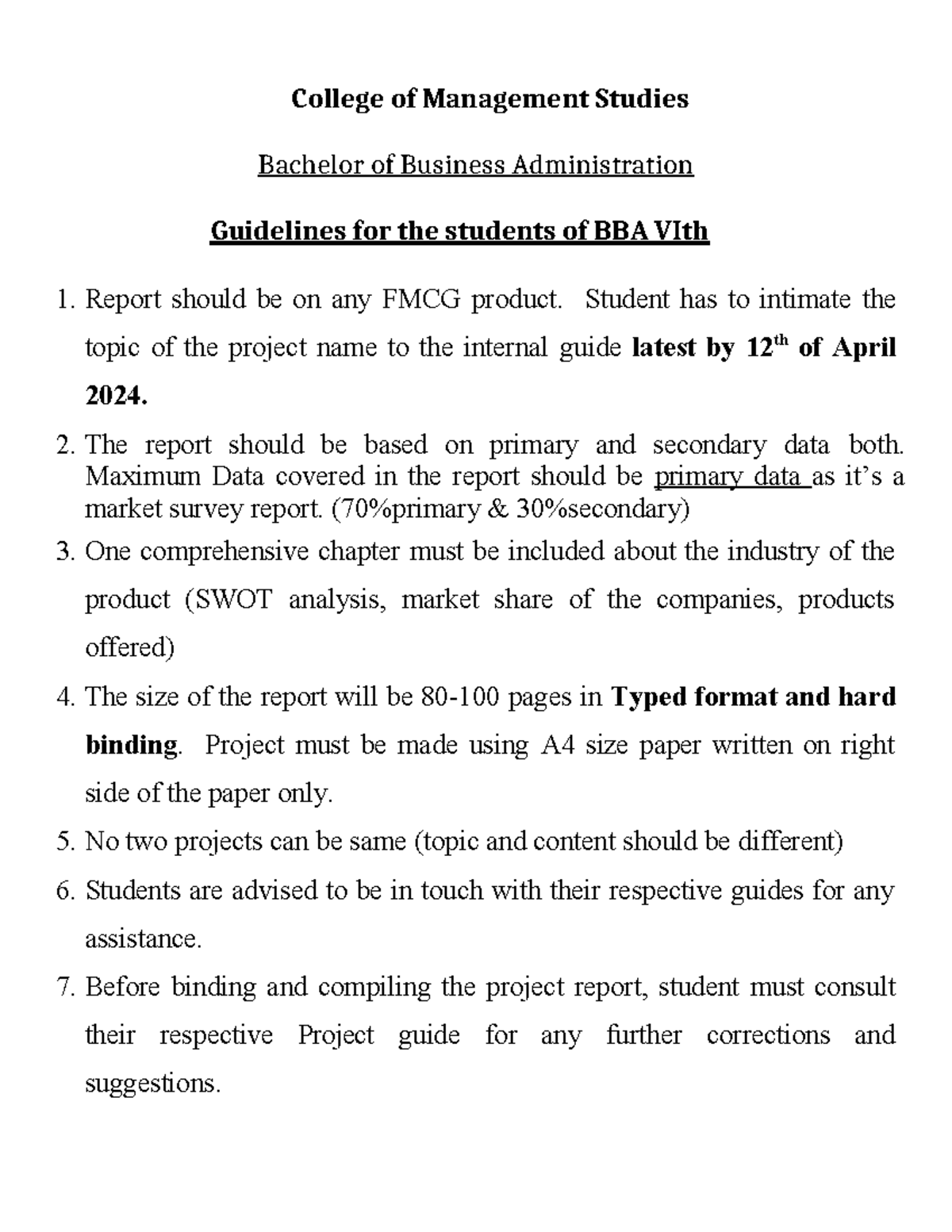 BBA 6th Sem Guidelines for Project Report - College of Management ...