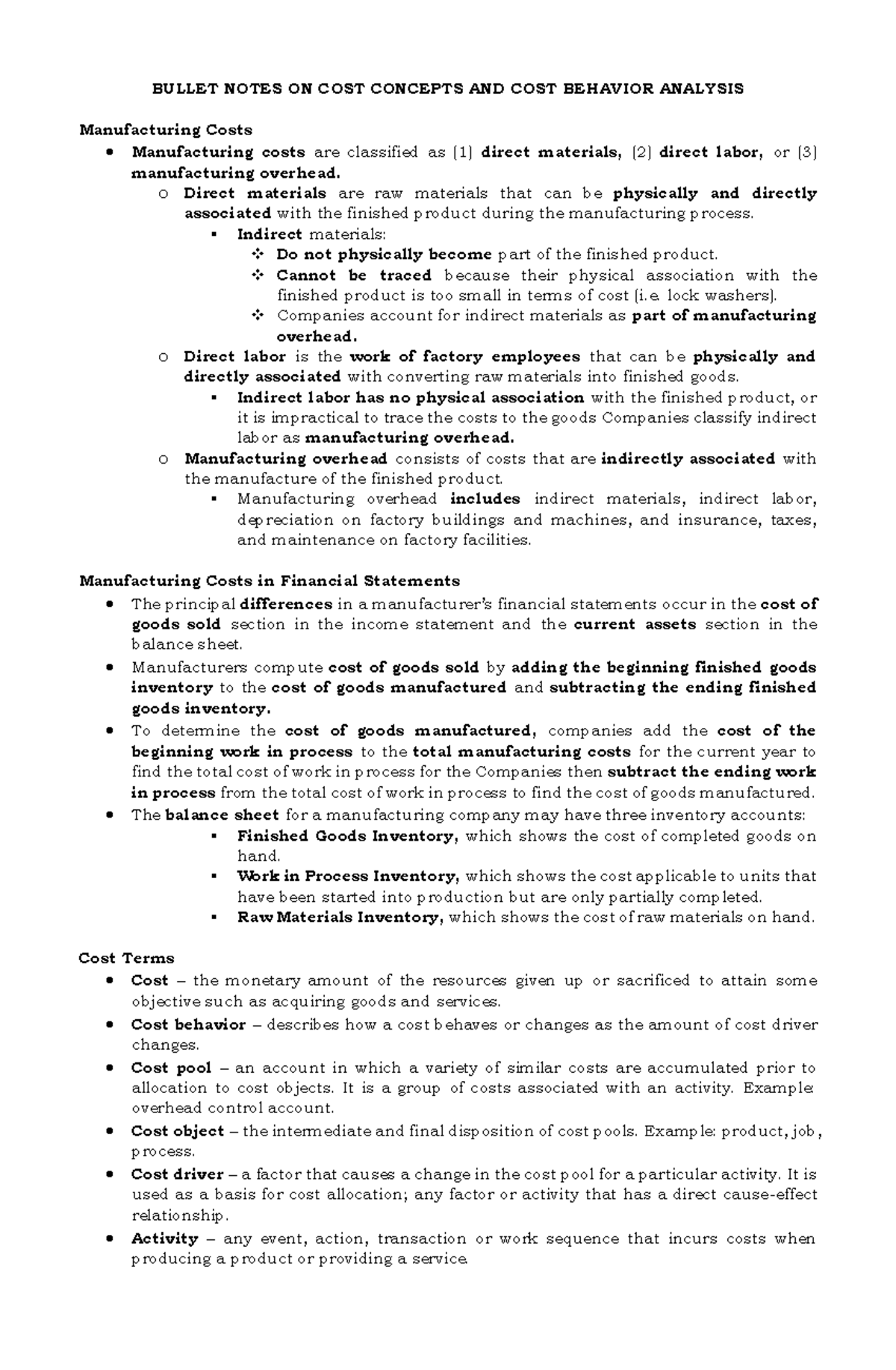 MS Bullet Notes 2 Cost Concepts and Cost Behavior Analysis - BULLET ...