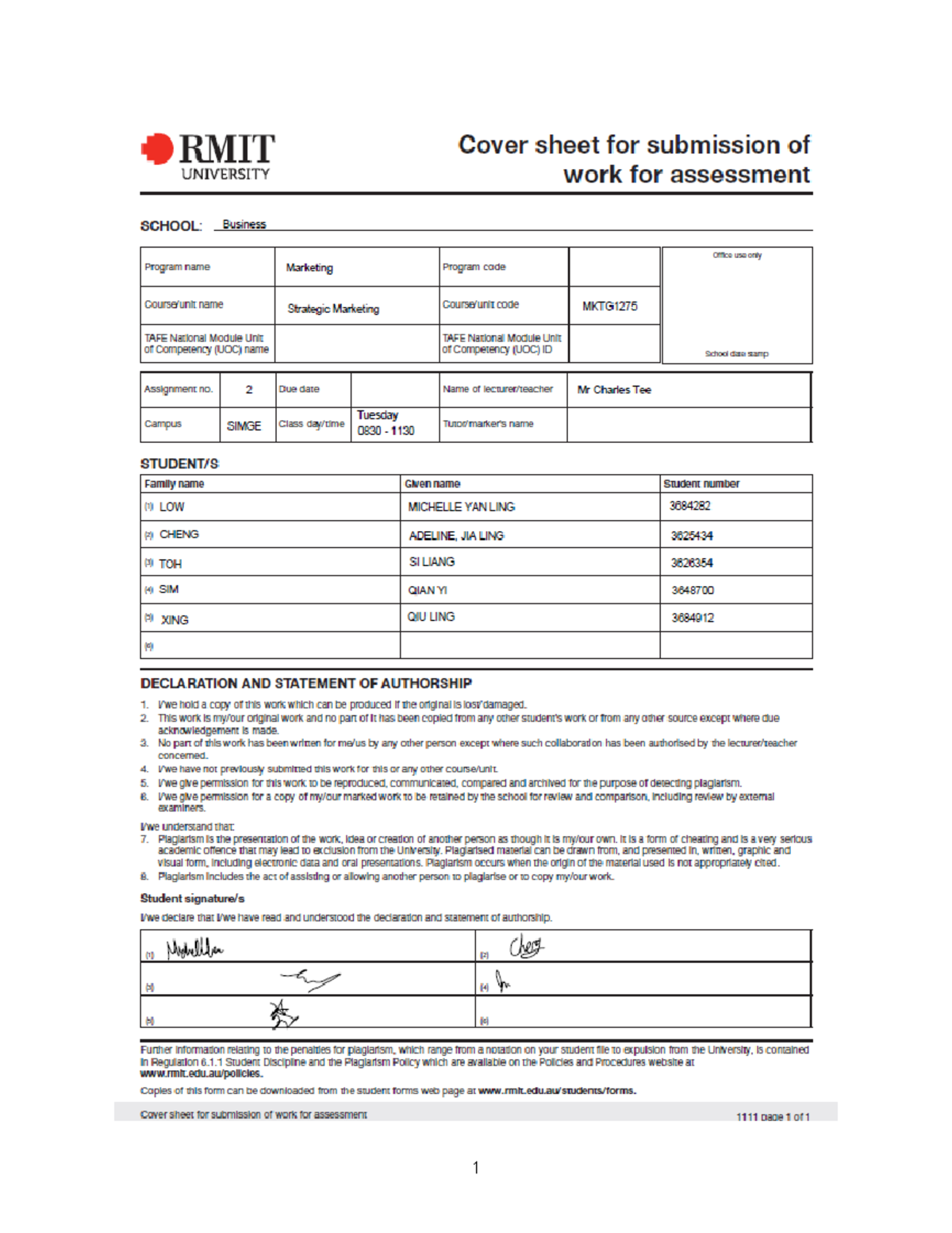 MKTG1275 Strategic Marketing Assignment 2 LF01 Group 1 (1)(submit this ...