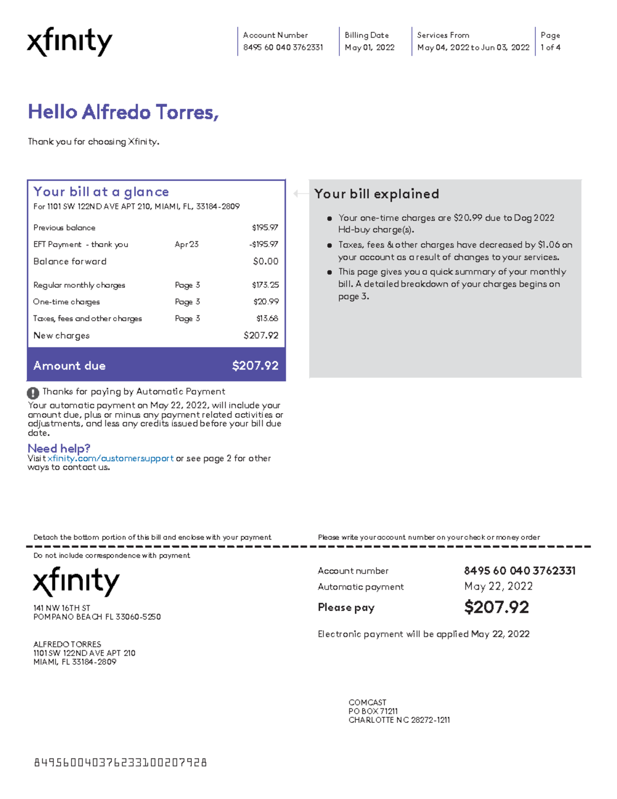 Xfinity Bill May 2022 - Bill - 8495 60 040 3762331 May 01, 2022 May 04 ...