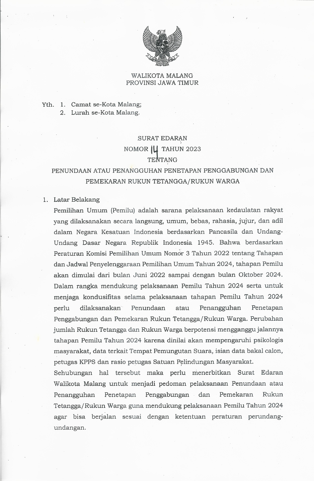 SE Walikota Malang Nomor 14 Tahun 2023 - Penundaan Pemekaran RT-RW ...