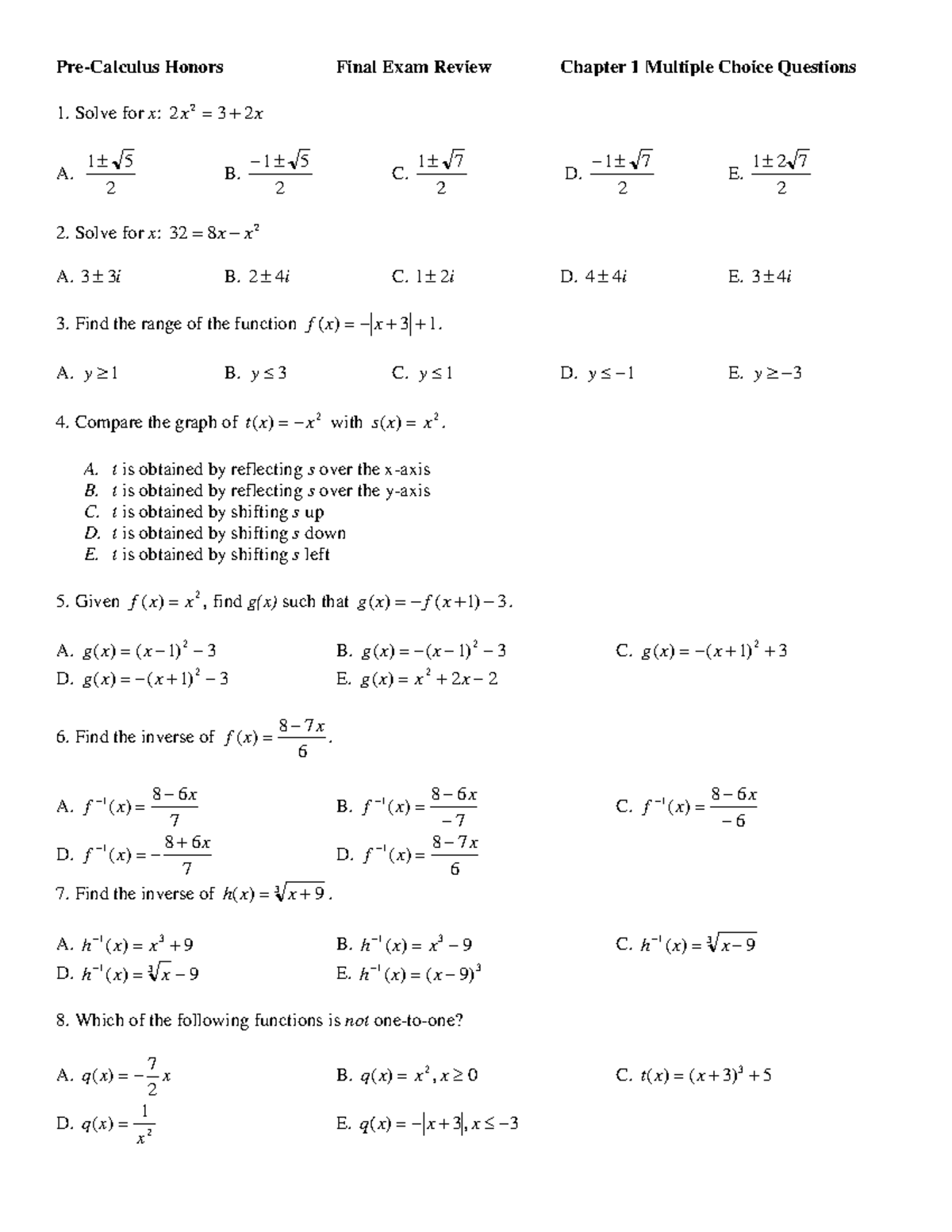 Final Exam Review Teacher Made (1) TH - Pre-Calculus Honors Final Exam ...