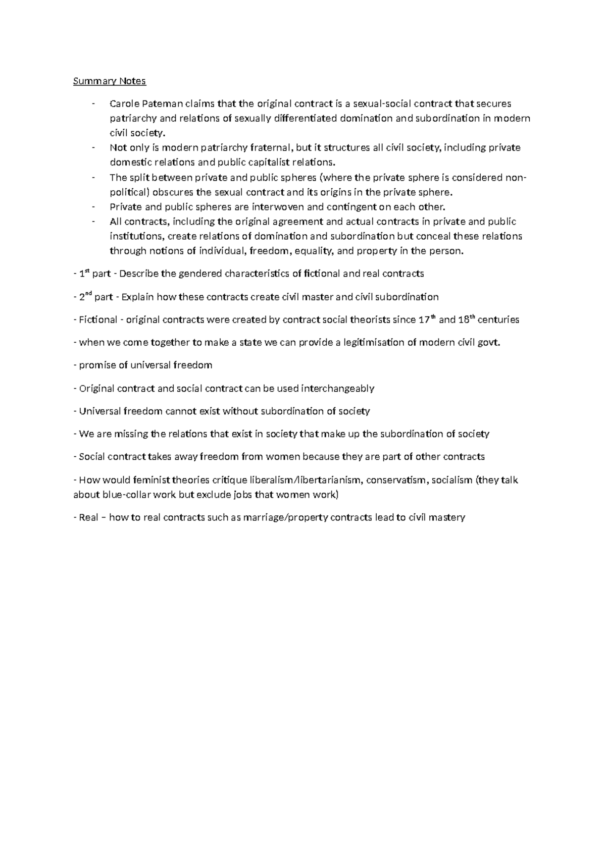 Pateman reading notes - Summary The Sexual Contract - Summary Notes ...